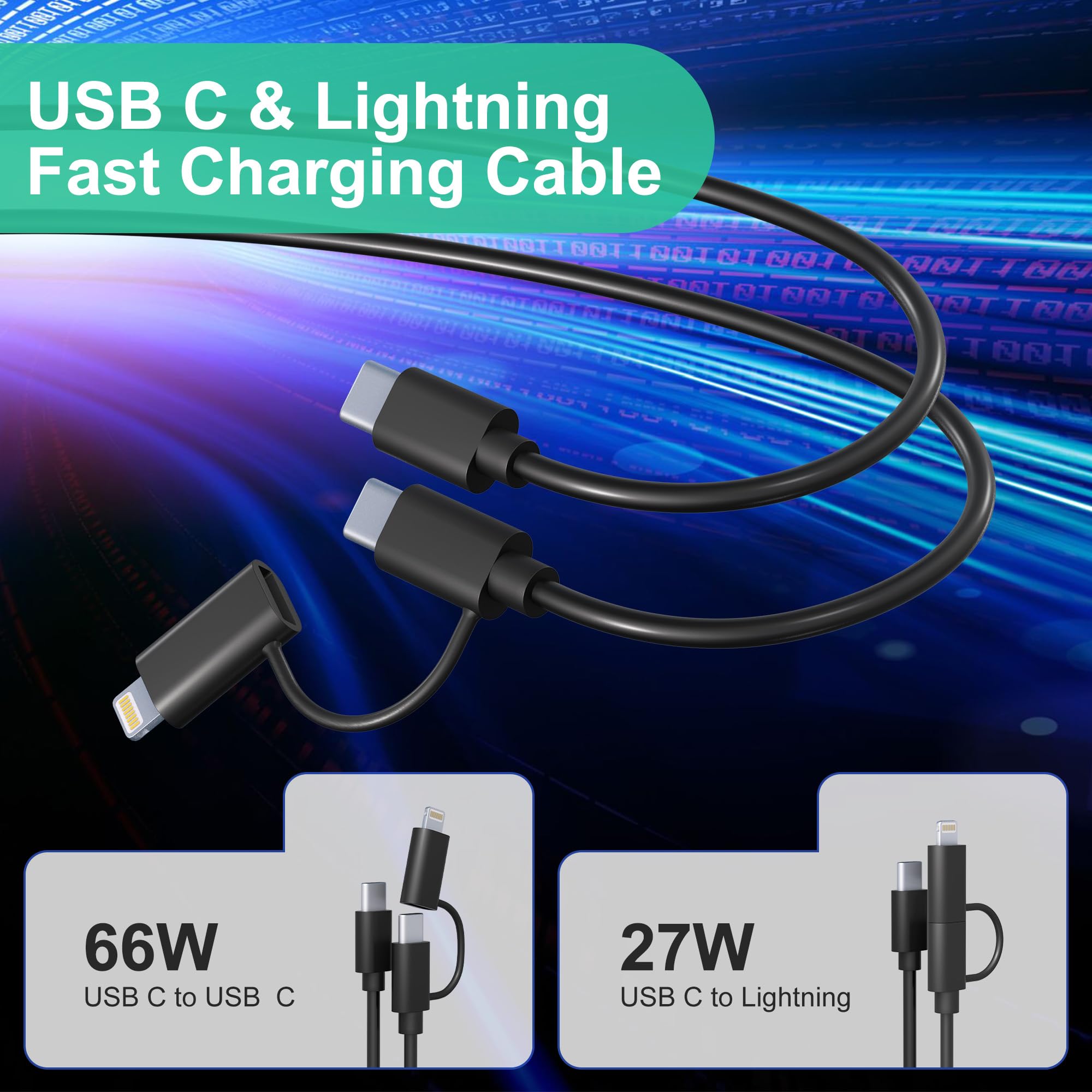 2-in-1 USB C to Lightning & USB C Cable - 60W Fast Charging & Data Sync - Compatible with iPhone, Android, iPad, Laptop - Coil Design for Car Play & Android Auto (Black) - Perfect for Travel, Office & Car Charging