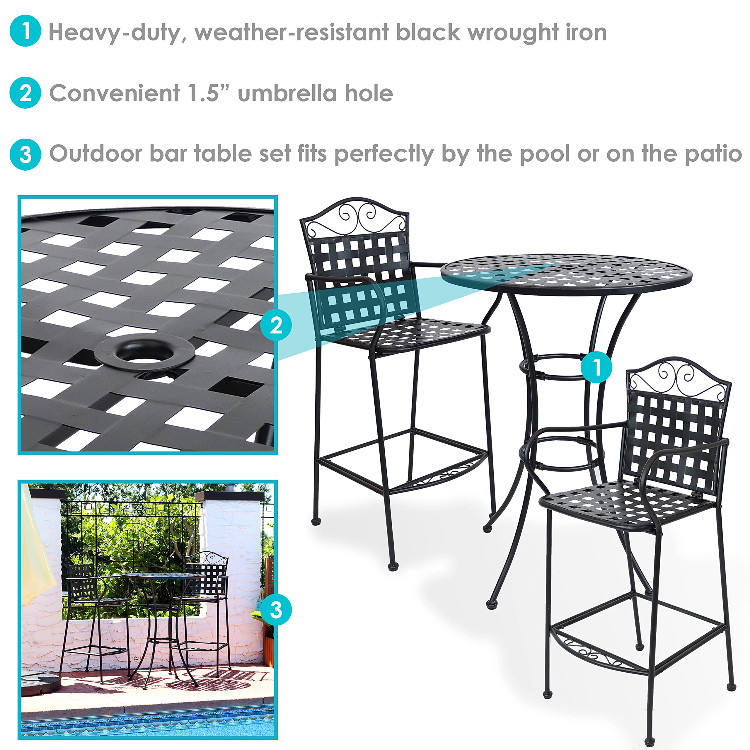 Sunnydaze 3-Piece Black Wrought Iron Bar Chair and Table Set with Elegant Scrolling Design - Patio, Garden, or Outdoor Dining Furniture - Perfect for Backyard, Poolside, and Restaurant Use