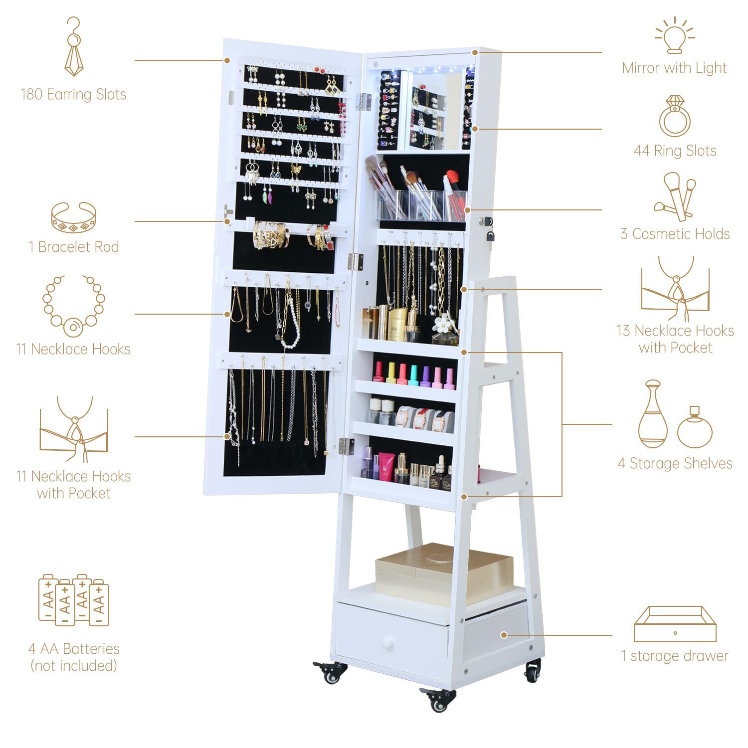 **62 Inch Full Length Mirror Jewelry Cabinet - Standing Jewelry Armoire Organizer with Lockable Storage, Drawers & Wheels - White - Perfect for Bedroom, Closet & Dressing Room**