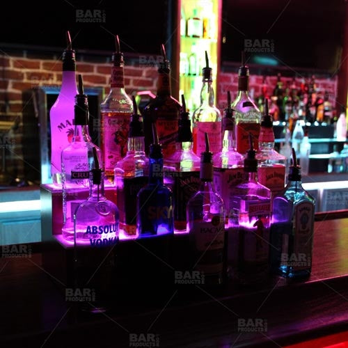 BarConic® LED Liquor Bottle Display Shelf - 4 Tier Wall Mounted Wine Rack with Lights - Wild Cherry Finish - Adjustable Lengths for Home Bar, Restaurant & Retail Store Decor