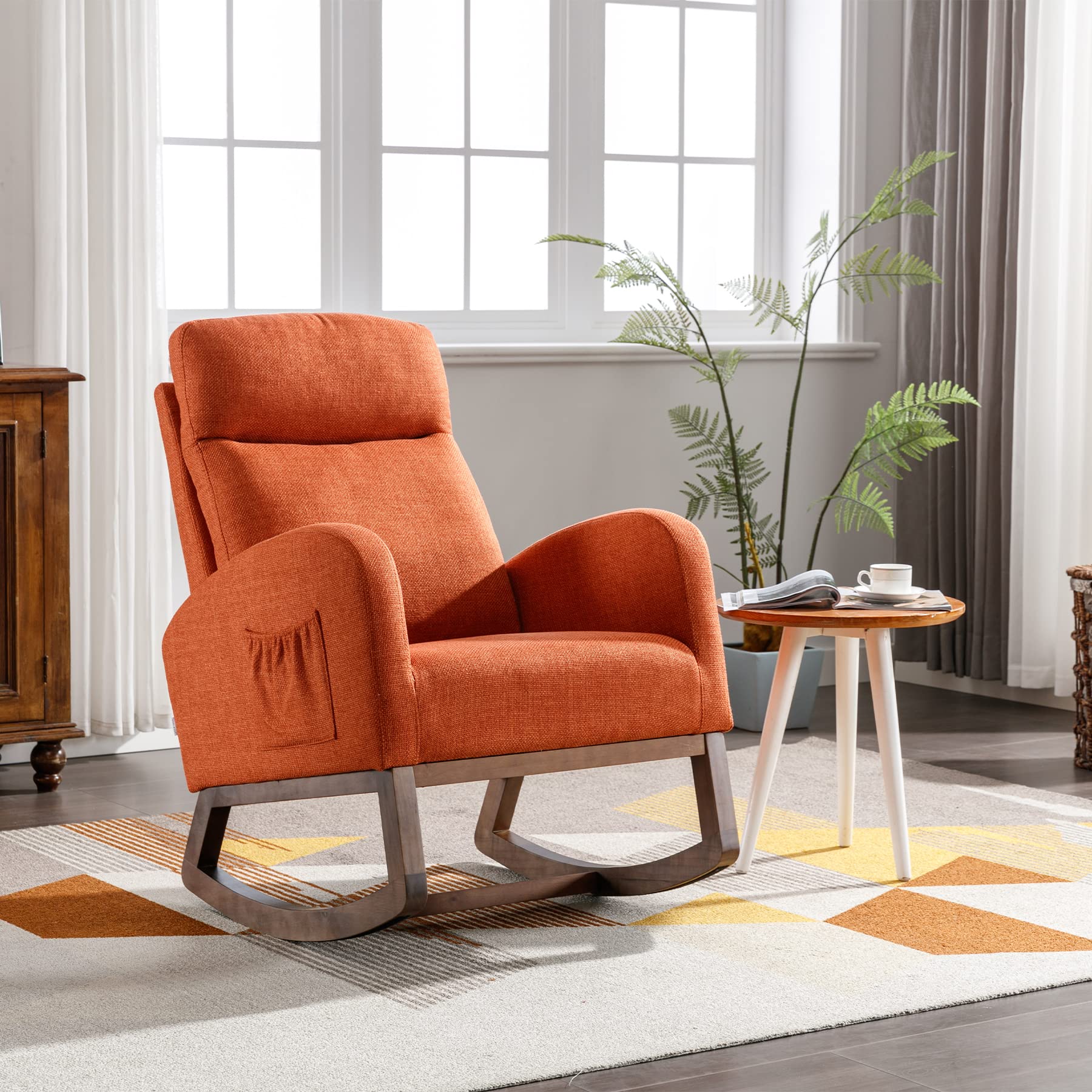 Comfortable Dolonm Nursery Rocking Chair - Upholstered Glider Rocker with Padded Seat & High Backrest, Accent Armchair for Living Room, Bedroom, Baby Nursery - Perfect for Nursing, Relaxing & Reading (Orange)