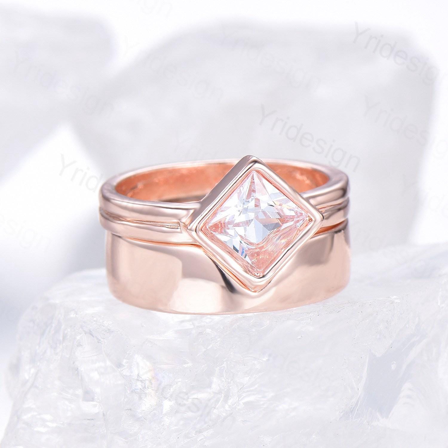 Rose Gold Moissanite Couple Wedding Rings Set - Princess Cut His & Hers Matching Engagement Rings for Men & Women - Vintage Style Promise Gift for Anniversaries, Proposals & Romantic Occasions