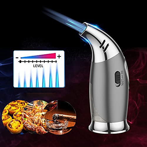 Triple Jet Flame Butane Torch Lighter - Windproof Refillable Gas Torch with Cigar Punch & Safety Lock for BBQ, Baking, Creme Brulee, Soldering, DIY Projects | Perfect for Culinary Use, Outdoor Cooking, and Crafting (No Gas Included)