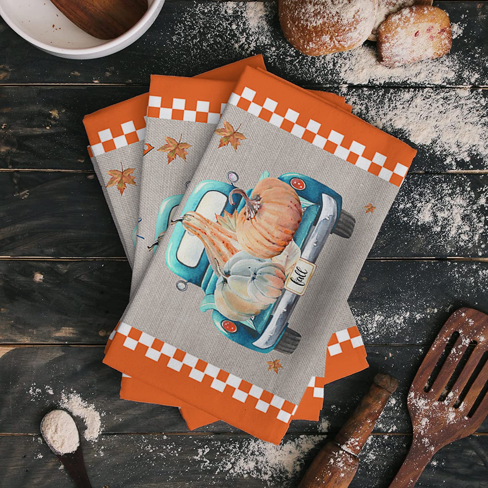Premium Absorbent Kitchen Dish Towels & Dishcloths Set - Blue Truck Pumpkin Thanksgiving Theme, 18x28 Inches, with Hanging Loop - Perfect for Home Cleaning, Drying Dishes & Holiday Decor (Orange White Plaid Checkered Pattern)