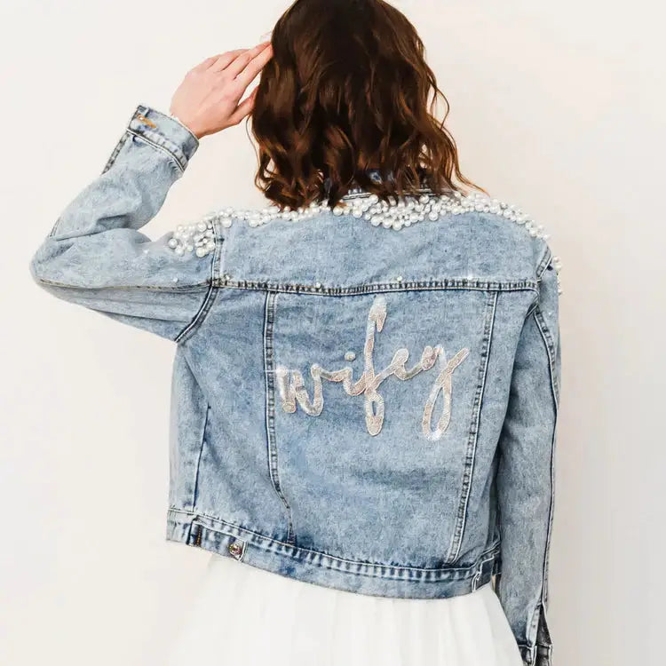 Stylish Cluster Pearl Beaded Denim Jacket for Women - Trendy Embroidered Wifey Vest - Perfect for Casual Outings, Date Nights & Streetwear Fashion