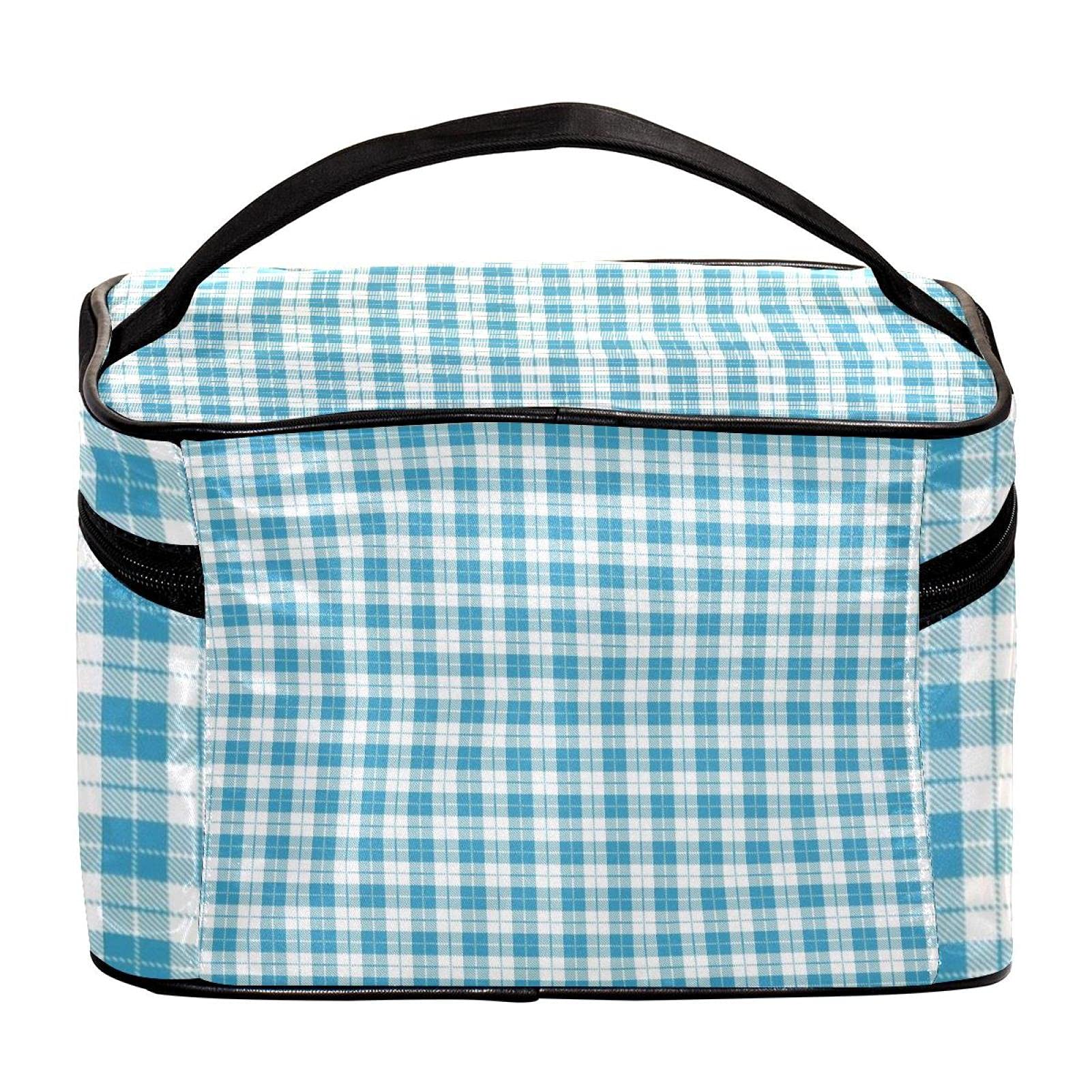 Teal Plaid Check Pattern Large Travel Makeup Bag - Waterproof Cosmetic Organizer Case with Zipper for Women & Girls | Perfect for Vacation, Gym, Business Trips & Daily Essentials Storage
