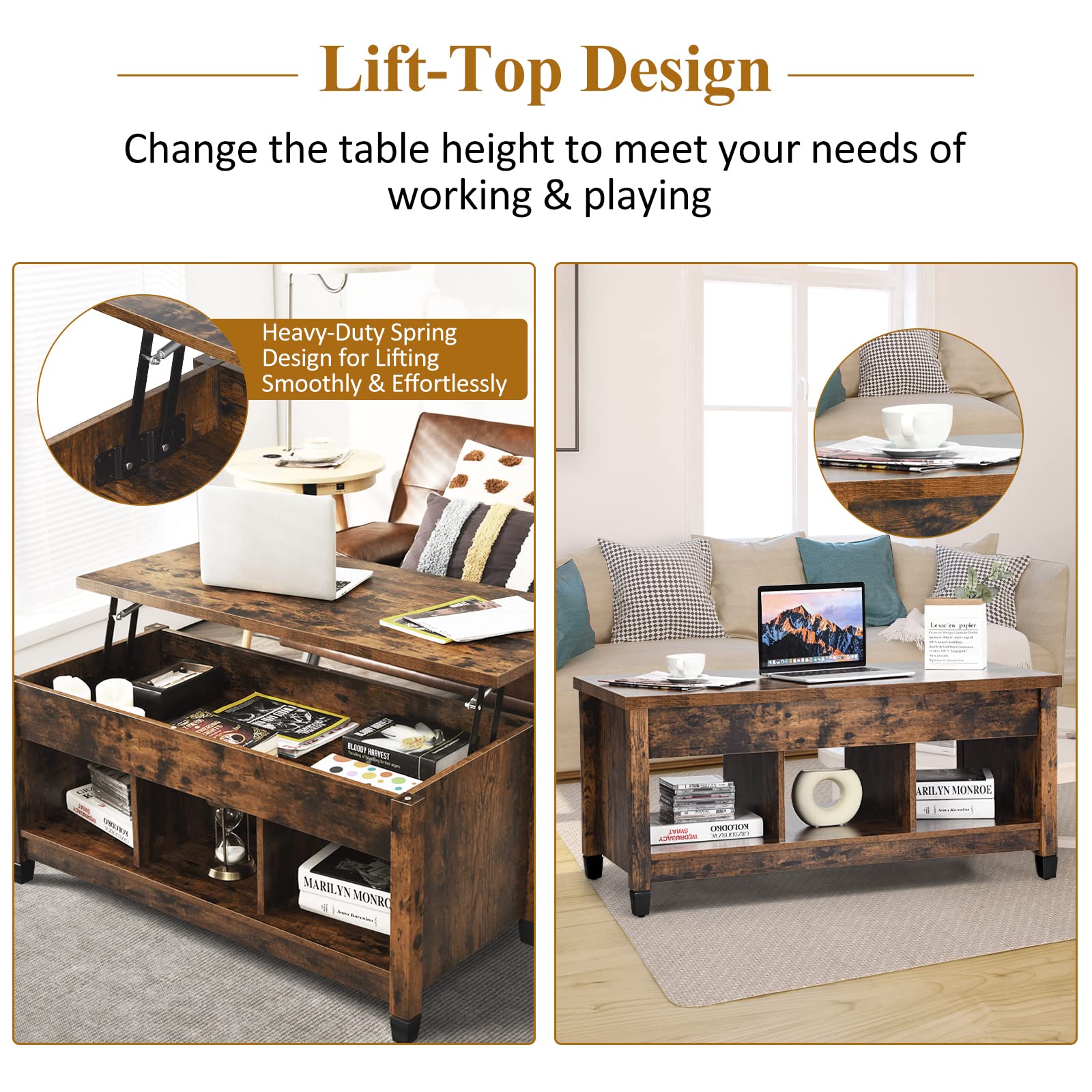 Modern Lift Top Coffee Table with Hidden Storage & Open Shelf - Rustic Brown Moccha Wood Cocktail Table for Living Room, Office, Reception - Pop-Up Tabletop for Laptop Use, Extra Storage Space