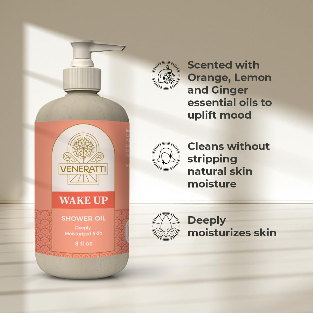 Wake Up Shower Body Oil to Foam Cleanser - Hydrating Body Wash with Almond Oil, Hazelnut Oil & Orange Oil for Dry & Sensitive Skin - Vegan, Made in USA | Perfect for Morning Showers & Spa-Like Skin Care Routine