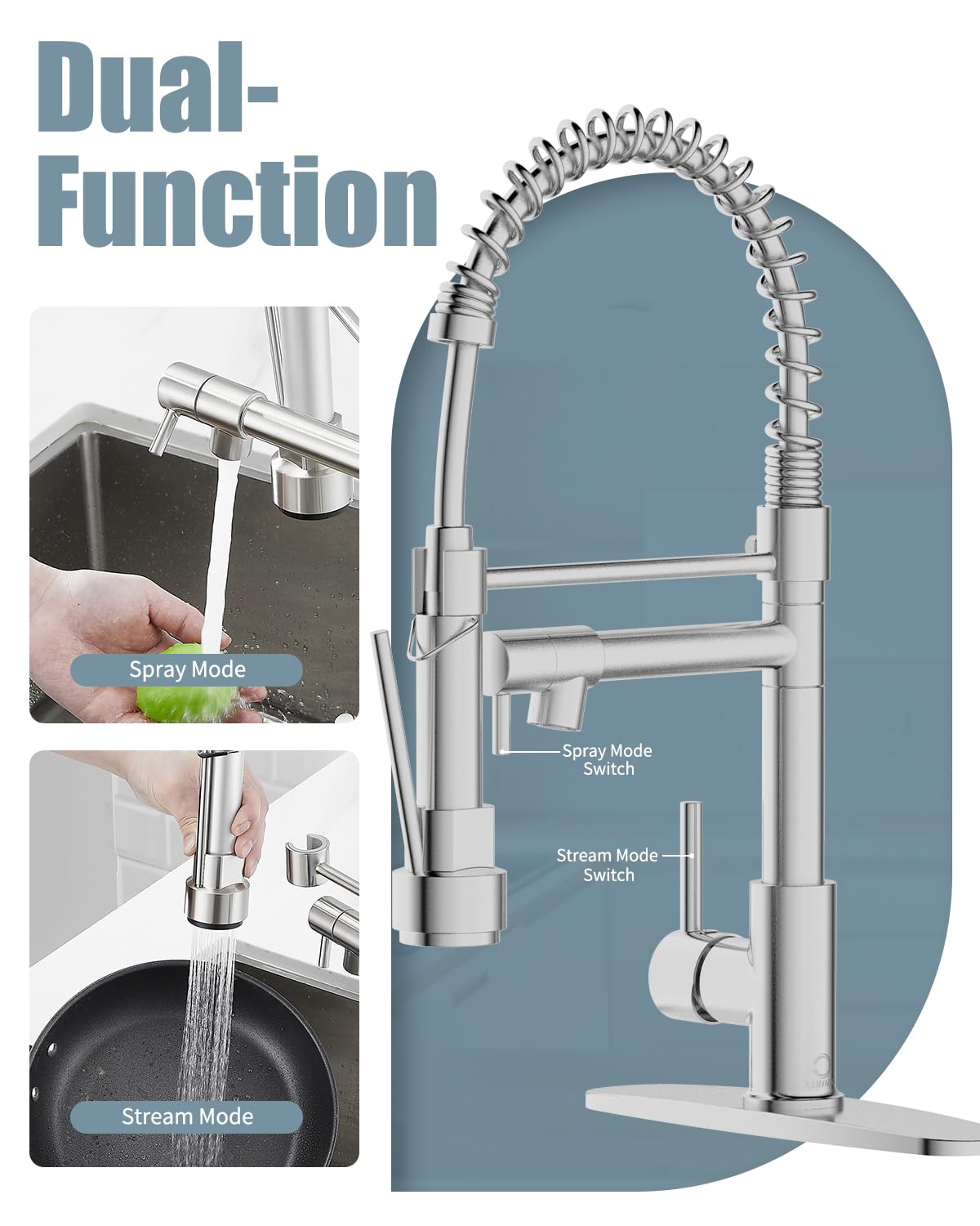 Brushed Nickel Kitchen Faucet with Pull Down Sprayer & Soap Dispenser - Single Handle Farmhouse Sink Faucet for RV, Camper, Tiny Home | Dual Function Spray Head with Deck Plate | Perfect for Small Kitchens, Mobile Homes & Outdoor Use
