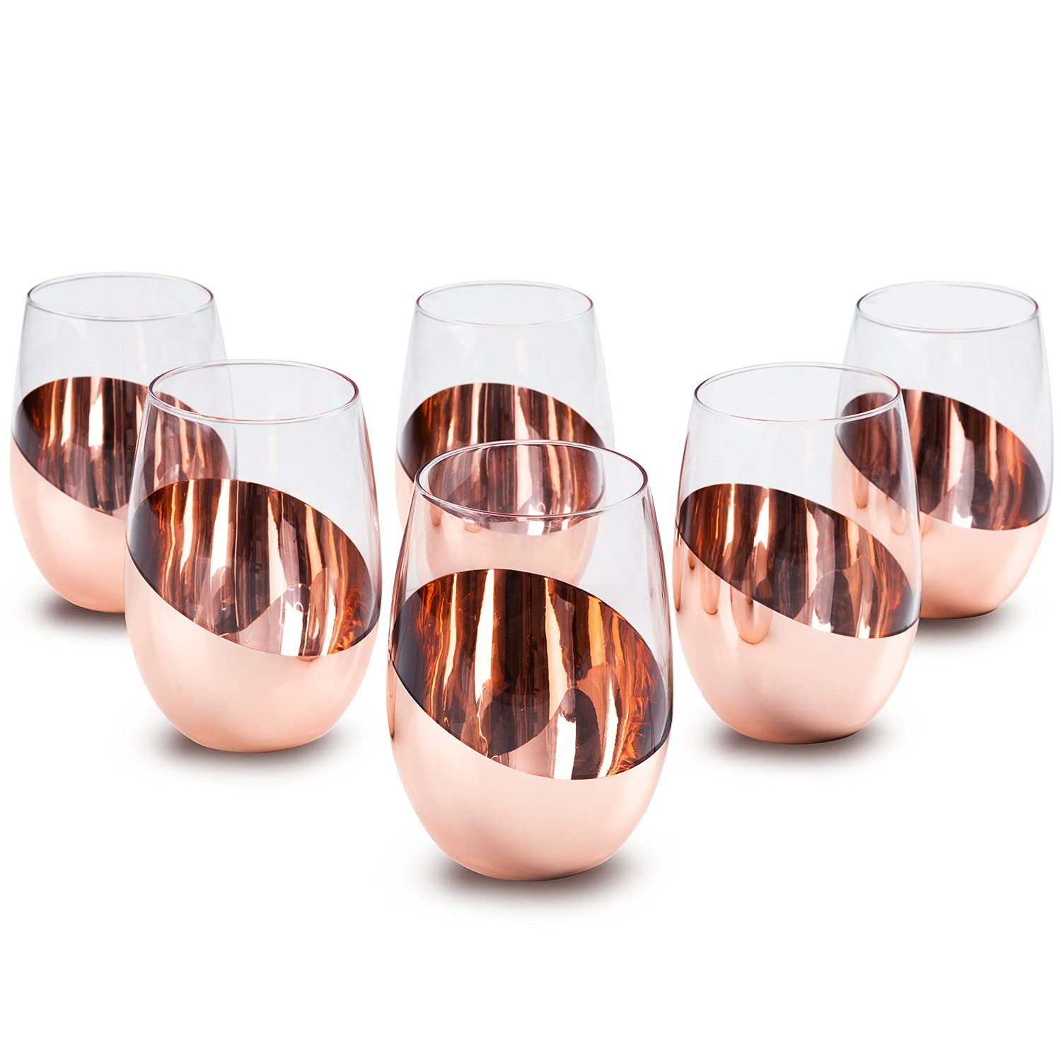 HUIJK Set of 6 Modern Copper Stemless Wine Glasses - 17 oz Elegant Tumbler Cups for Red Wine, Cocktails & Beverages - Perfect for Dinner Parties, Weddings & Home Entertaining