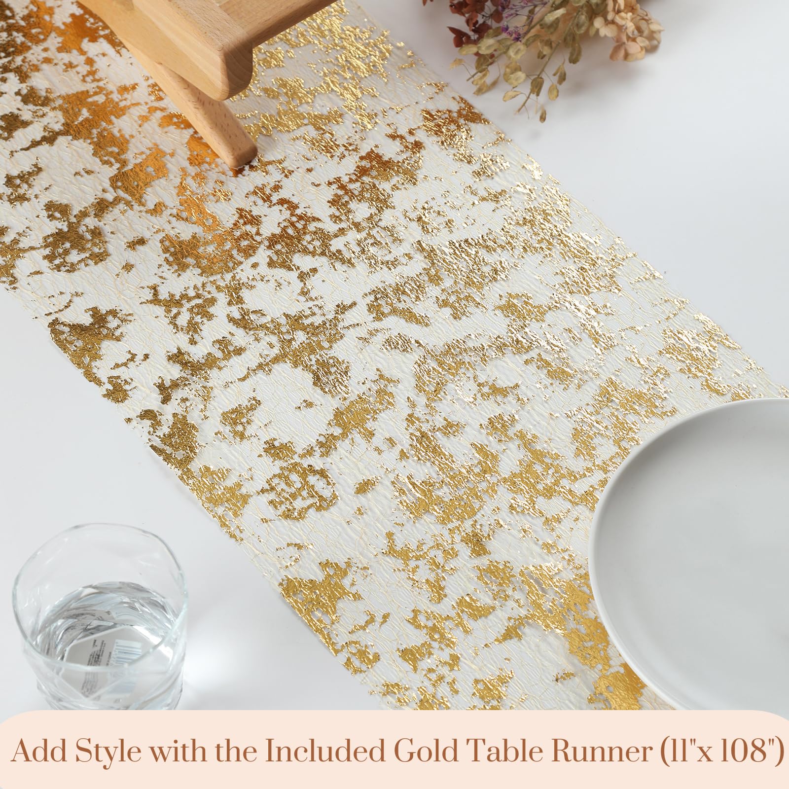 YANGQIHOME 13.8 Inch Round Placemats Set of 6 with Golden Table Runner - Waterproof & Heat Resistant Table Mats for Dining Table Decor - Perfect for Christmas, Thanksgiving, Party, Wedding & Everyday Use