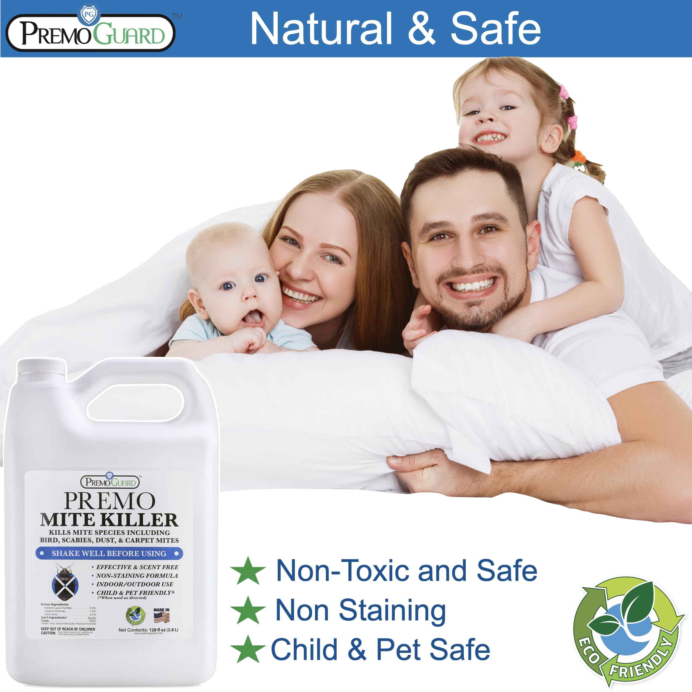 Premo Guard Natural Mite Treatment Spray – 128 oz – Kills Dust Mites, Scabies, Spider Mites, Carpet Mites, Bird Mites & Rodent Mites – Non-Toxic Formula Safe for Kids & Pets – Use on Beds, Mattresses, Furniture & Home Surfaces for Allergy Relief & Pest Control