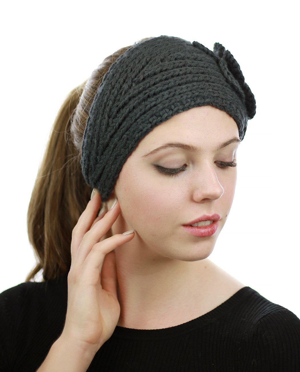 NYFASHION101 Stone Accent Hand Knitted Flower Winter Headband - Warm Knit Headwrap for Women & Girls - Perfect for Cold Weather, Outdoor Activities & Fashion Accessories