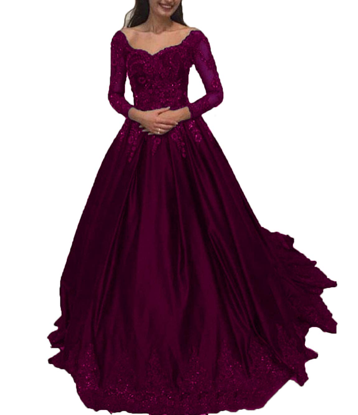 Elegant Beaded Prom Dresses with Lace Illusion Long Sleeves & Satin Ball Gown - Perfect for Homecoming, Formal Dances & Special Occasions