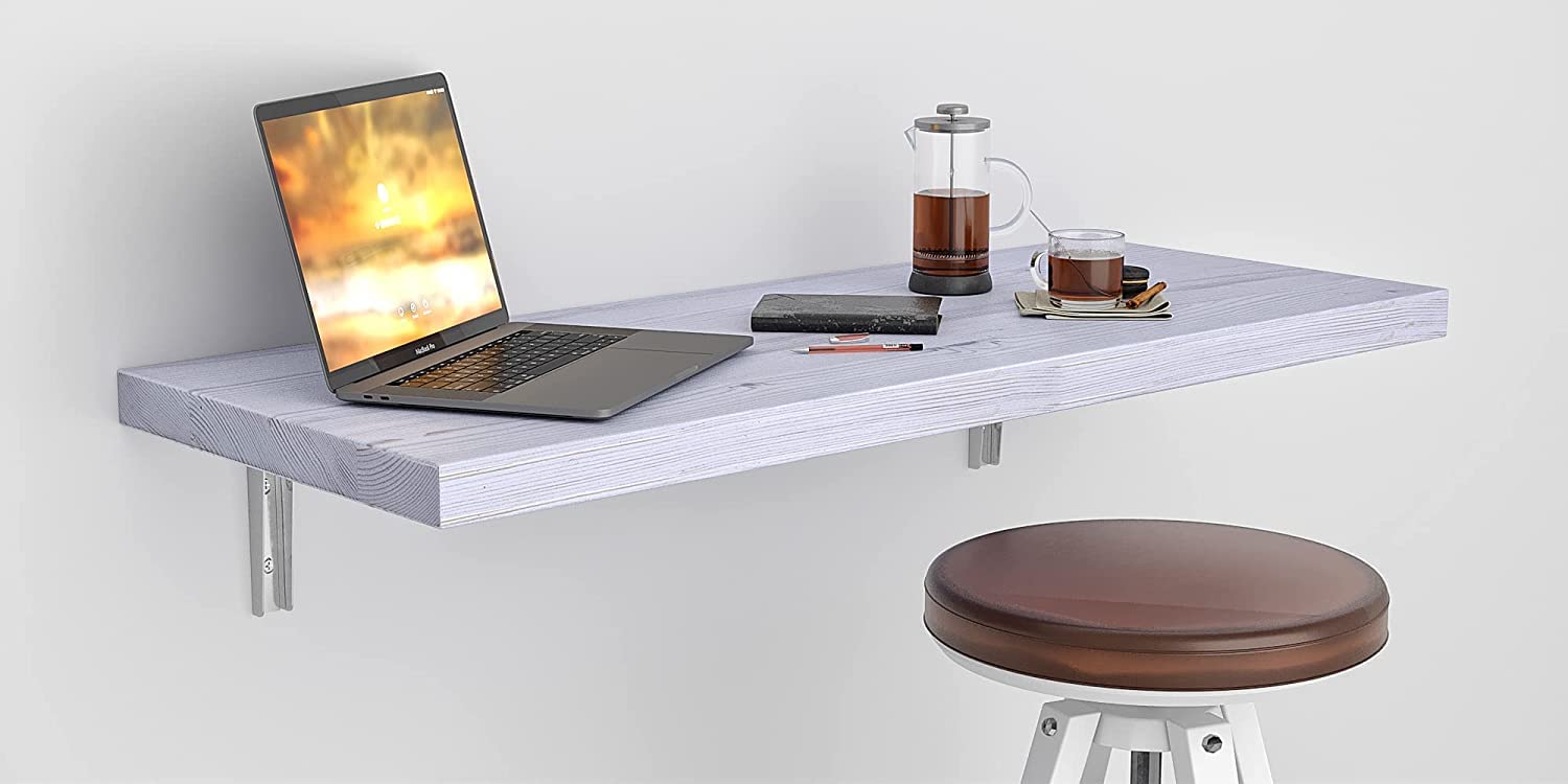 Wall Mounted Floating Desk - Foldable Space Saving Table for Small Spaces, Kitchen Counter, Laundry Shelf & Home Office - Rustic White (49