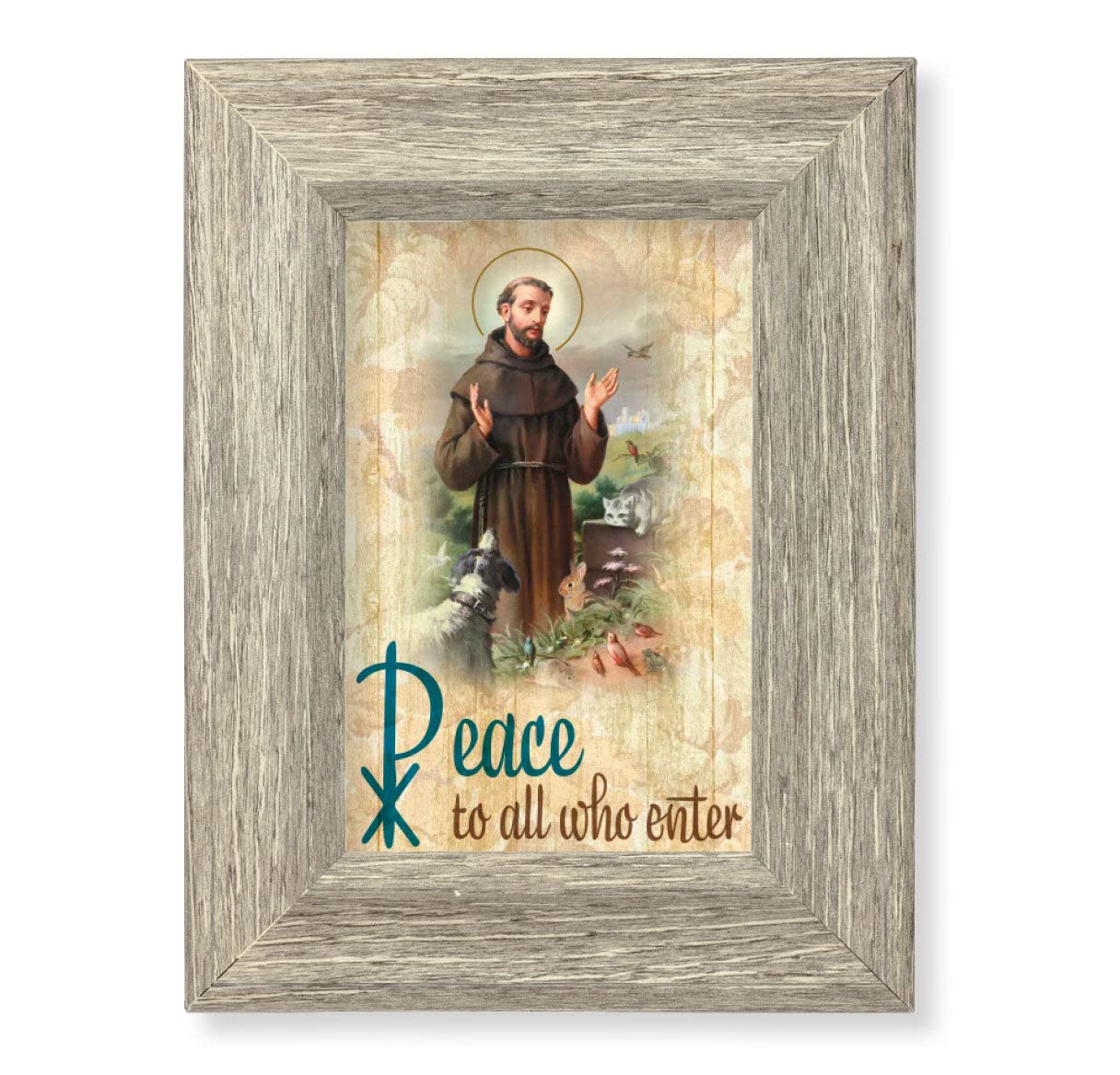 St. Francis Peace Blessing Framed Wall Art - Small Religious Home Decor with Curved Gray Weathered Oak Finish | Perfect for Living Room, Bedroom & Office Decorations