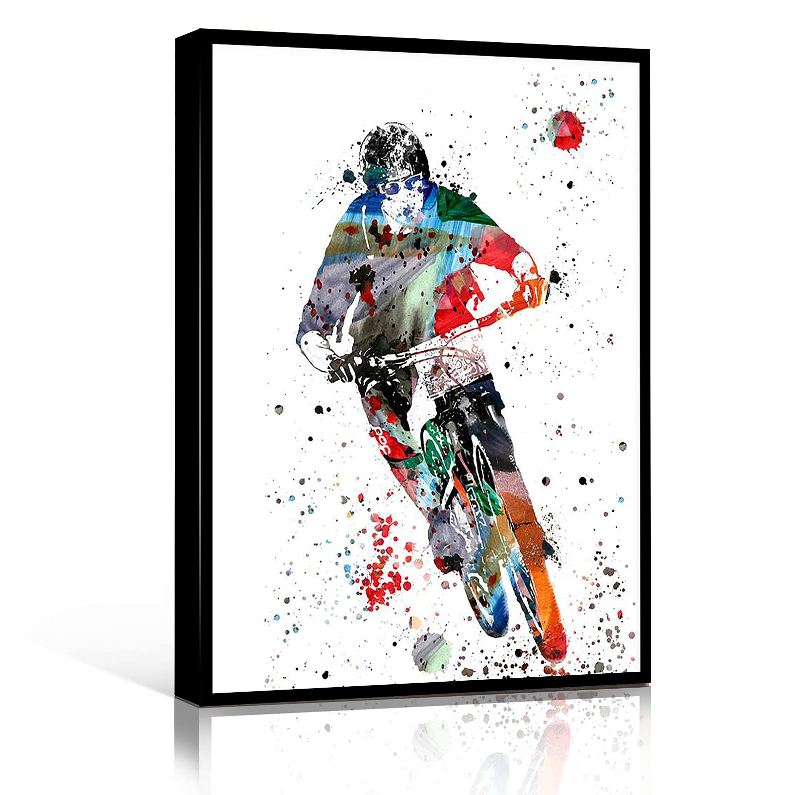 16''x24'' Mountain Biking Watercolor Print - Premium Wood Framed Canvas Wall Art for Pharmacy, Medical Office & Home Decor | Sport-Themed Freeride Biker Poster
