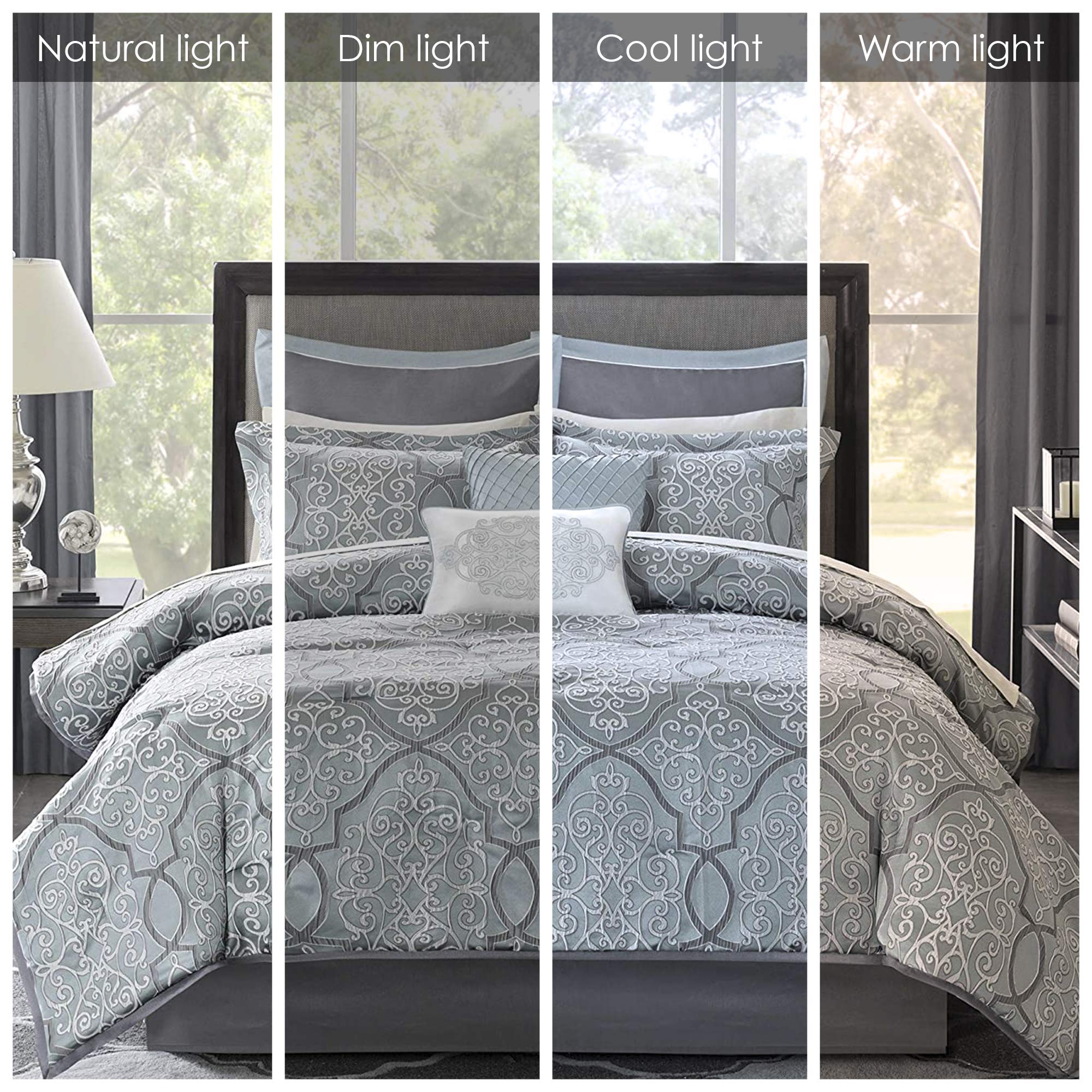 Madison Park Lavine 12-Piece Queen Size Bed in a Bag Comforter Set - Luxe Jacquard Down Alternative Bedding with Cotton Sheets, Bed Skirt & Pillow Shams | All-Season Soft Blue Traditional Design for Cozy Bedroom Decor