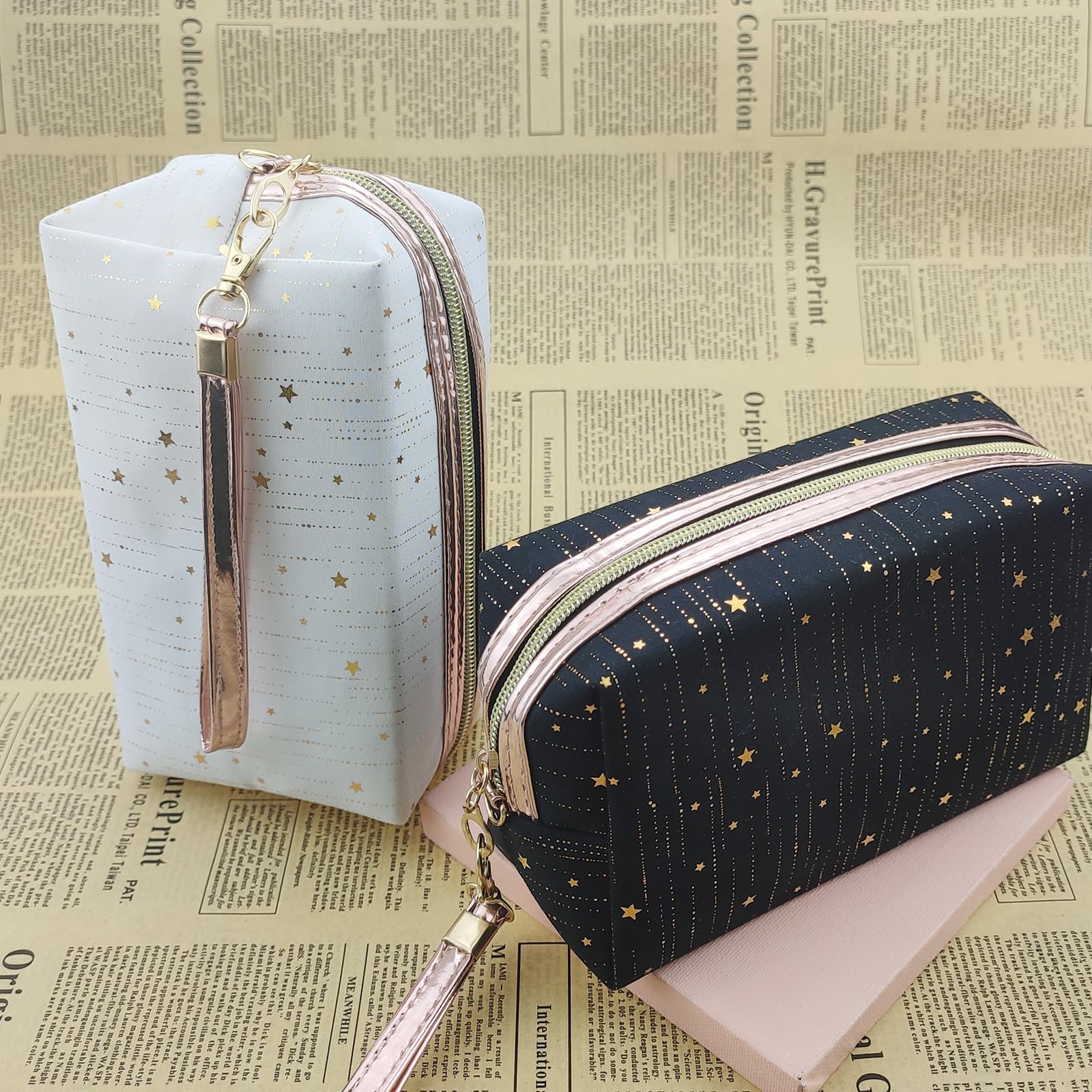 2 Pack Star Print Makeup Bags with Handle - Waterproof & Moisture-proof Travel Toiletry Organizer - Zippered Cosmetic Pouch for Women - Perfect for Travel, Gym, and Daily Beauty Essentials Storage