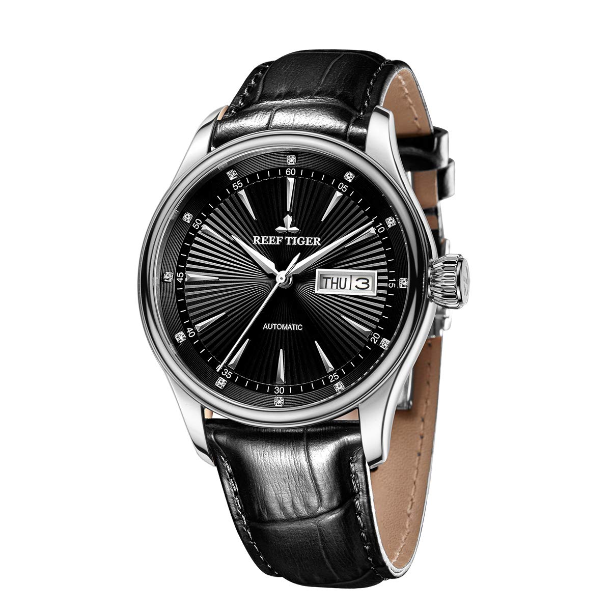 REEF TIGER Men's Automatic Dress Watch with Genuine Leather Strap - Day Date Display Waterproof Stainless Steel Watch RGA8232 | Perfect for Business, Formal Events & Everyday Wear