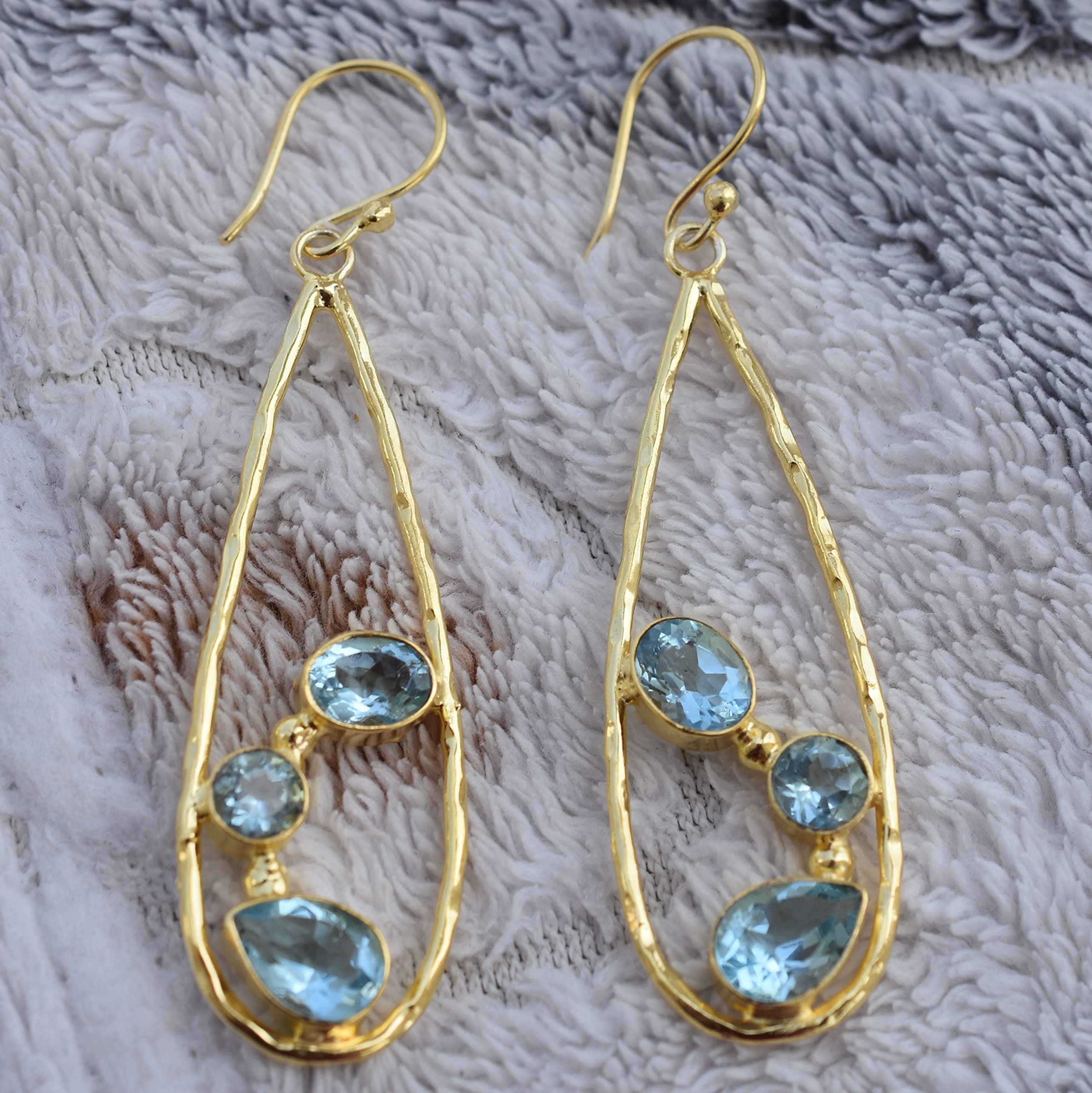 18K Gold Plated Blue Topaz Earrings for Women - November Birthstone Jewelry, Fashion Gemstone Gift for Birthday & Anniversary | VE-230 | Perfect for Parties, Weddings & Everyday Wear