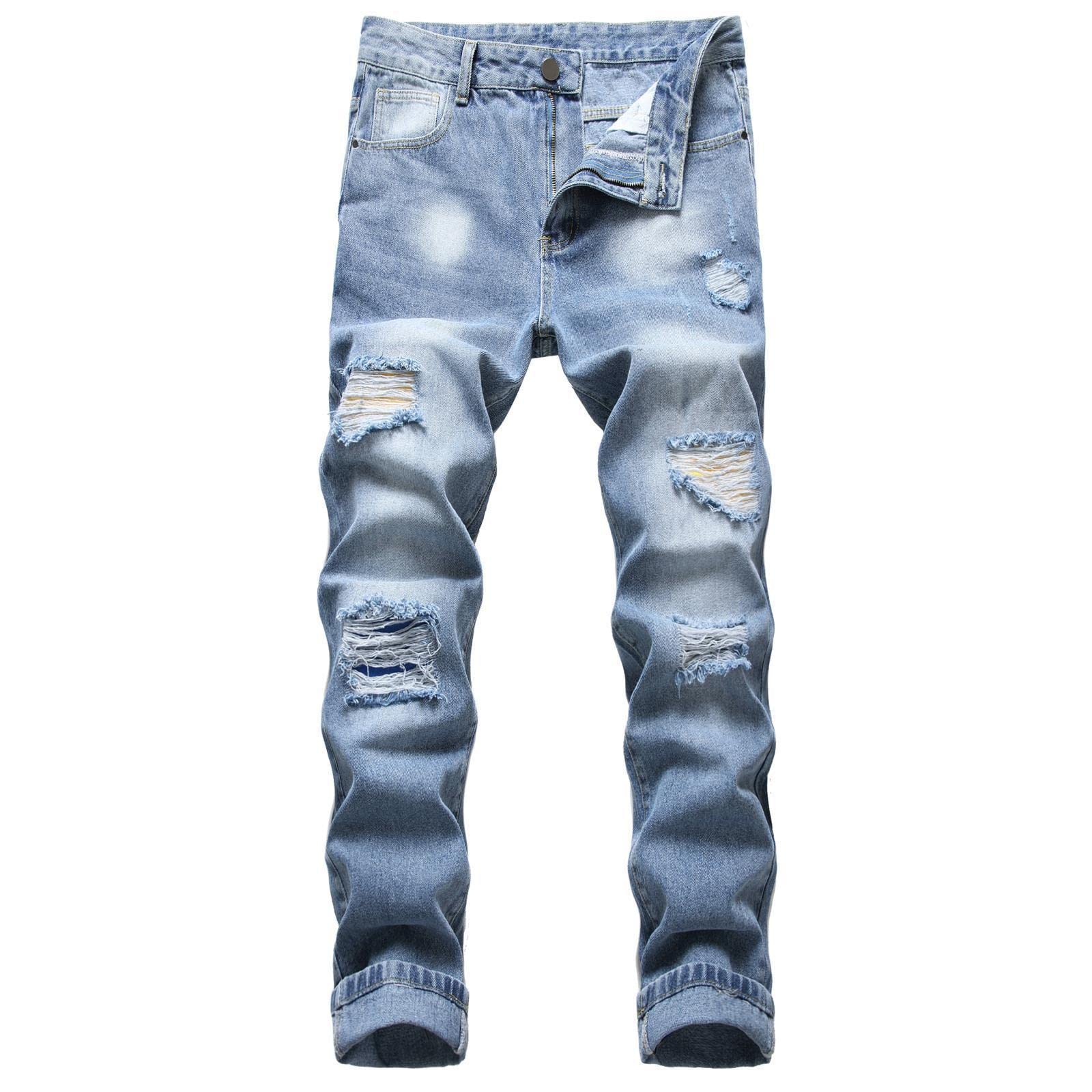 WoJogom Men's Ripped Straight-Leg Jeans - Distressed Denim Pants with Hole Details for Casual Wear (Plus Size Available) | Perfect for Street Style, Weekend Outfits & Urban Fashion