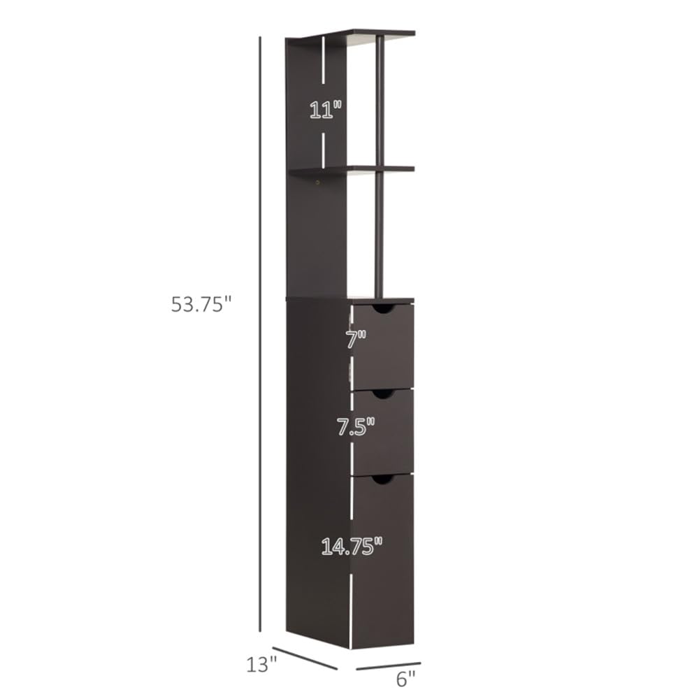 Tall Bathroom Storage Cabinet with 2 Open Shelves, 1 Cabinet & 2 Drawers - Slim Freestanding Linen Tower Organizer - Anti-Tipping Design for Bathroom, Laundry Room or Bedroom - Black