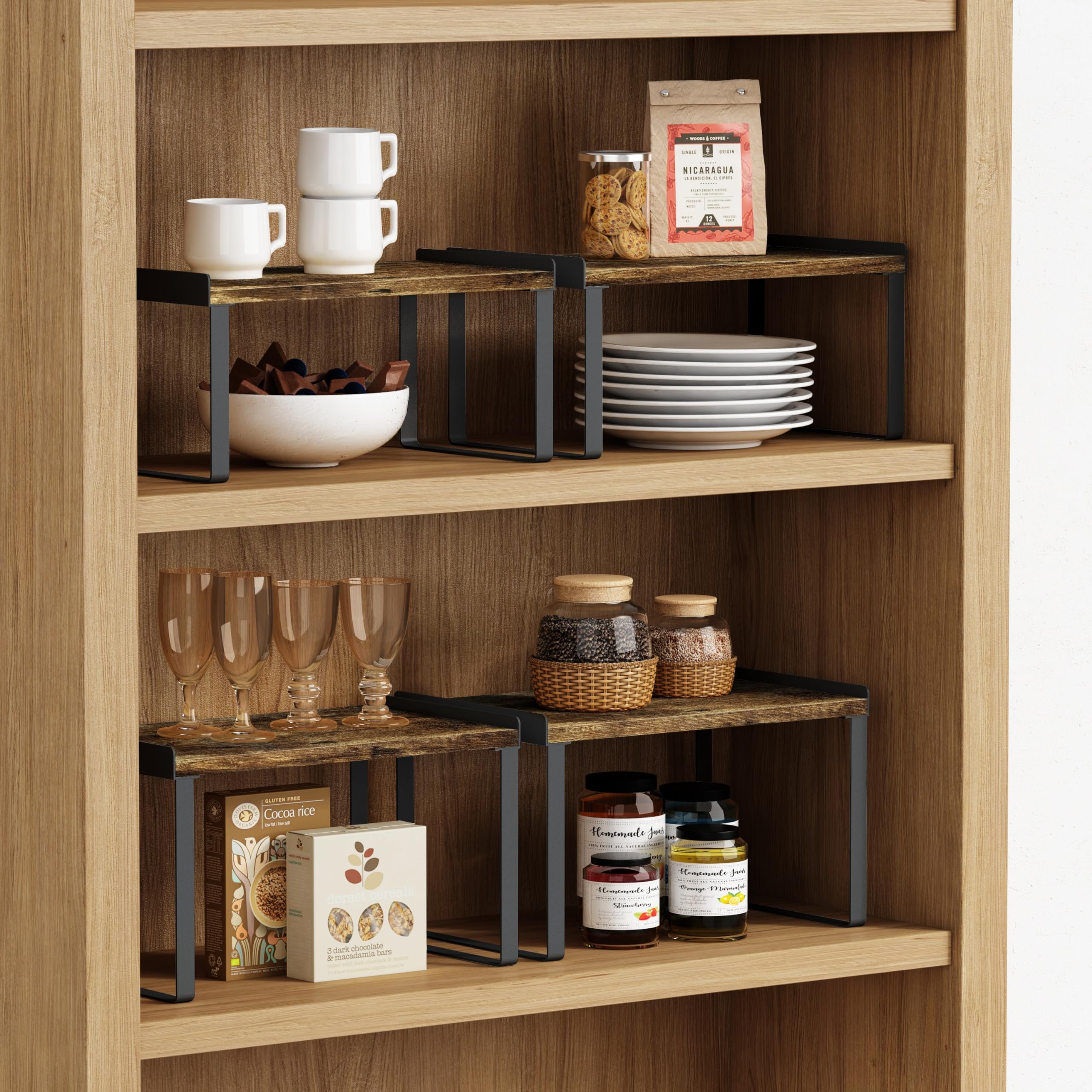 Rustic Black Expandable Kitchen Cabinet Organizer Set of 4 - Adjustable Storage Shelves for Bathroom Sink, Medicine Cabinet & Farmhouse Desk - Perfect for Small Space Organization & Home Decor