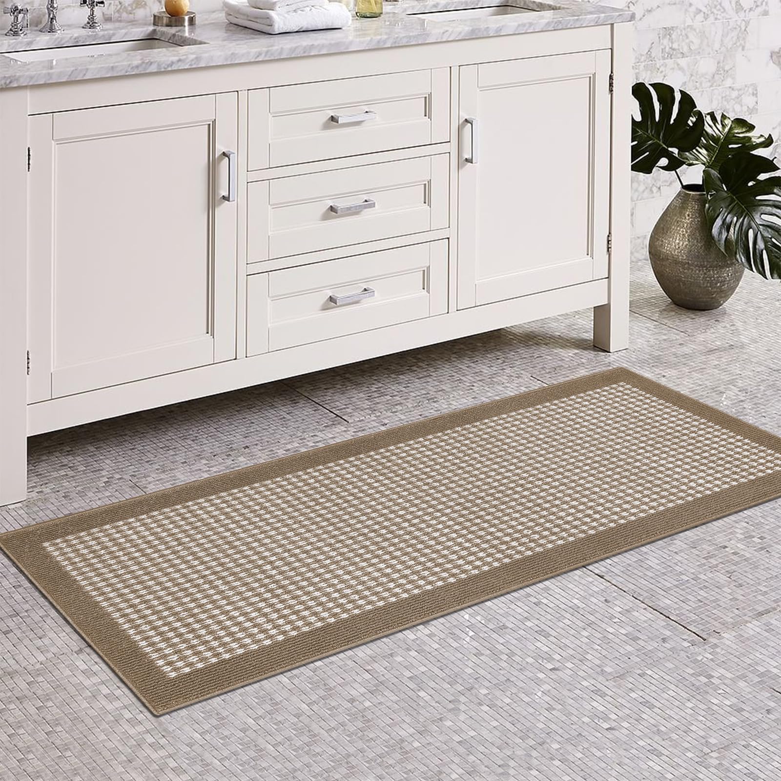 **Ileading 3-Piece Non-Slip Kitchen Mat Set - Minimalist 3D Lattice Design, Machine Washable, Farmhouse Style Floor Rugs for Kitchen, Laundry, Hallway & Entryway (Brown)**    *Perfect for adding comfort and style to high-traffic areas while preventing slips and spills!*