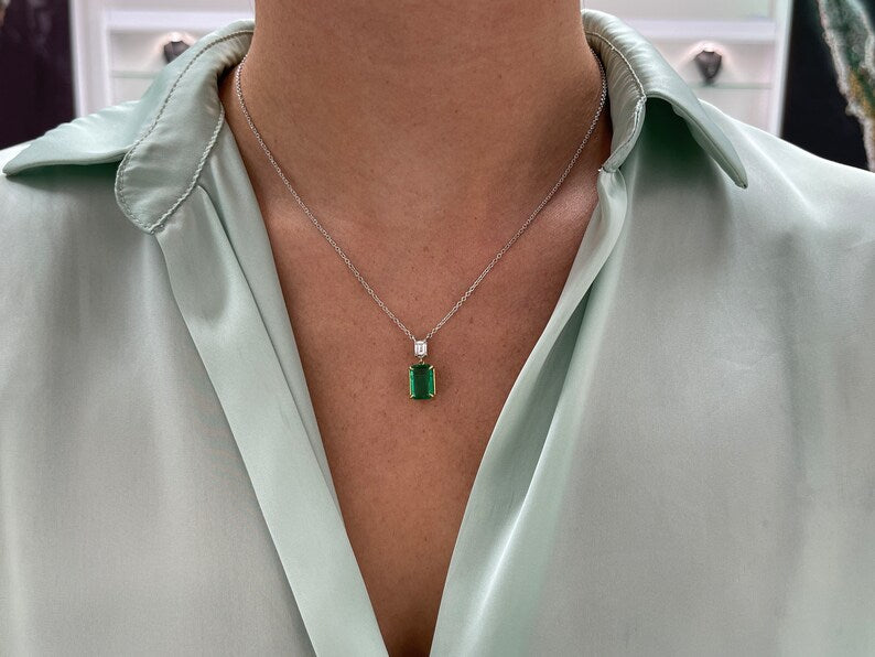 3.13tcw Genuine Dark Green Emerald Cut Diamond Necklace in 14K Two-Tone Gold - Elegant Jewelry for Weddings, Anniversaries & Special Occasions