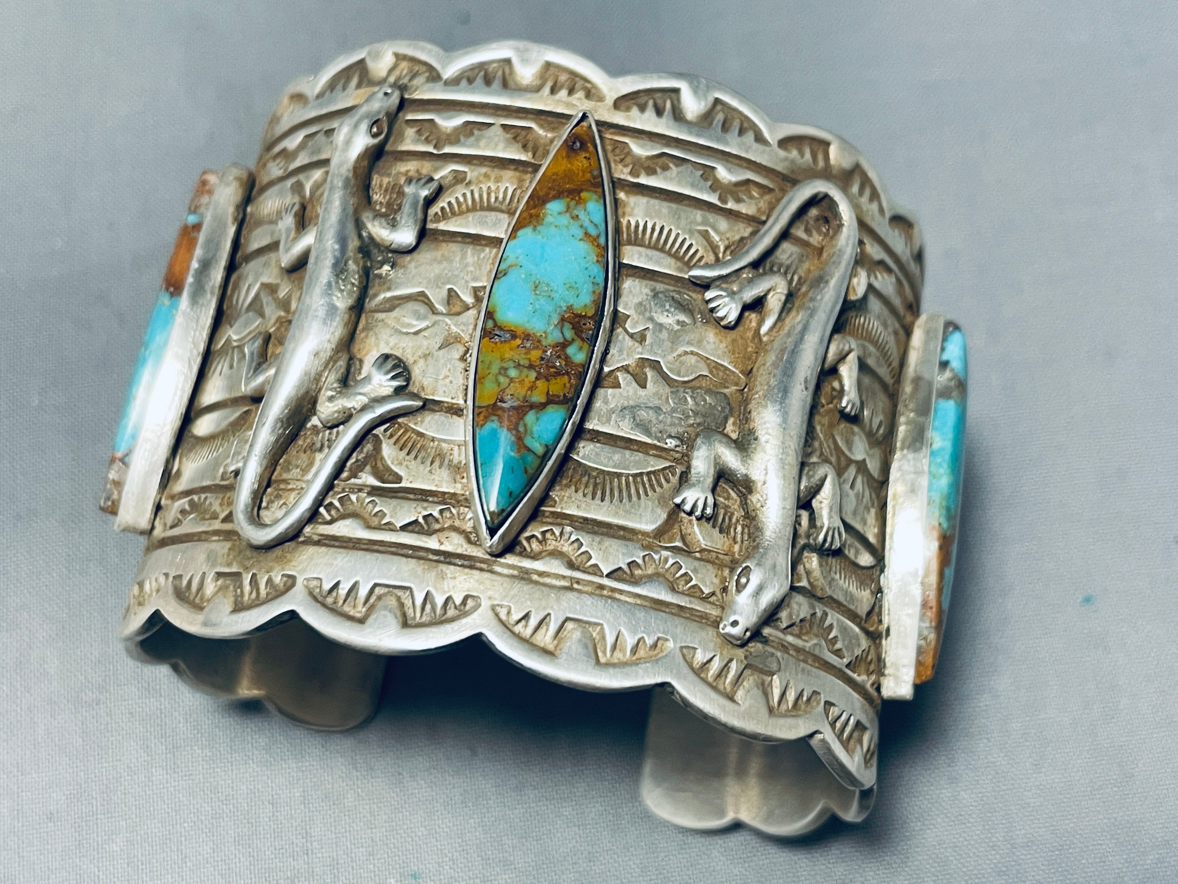 Authentic Navajo Sterling Silver Gecko Bracelet with 100+ Gram Royston Turquoise – Handmade Native American Jewelry for Women, Boho Fashion, Gift Giving & Special Occasions