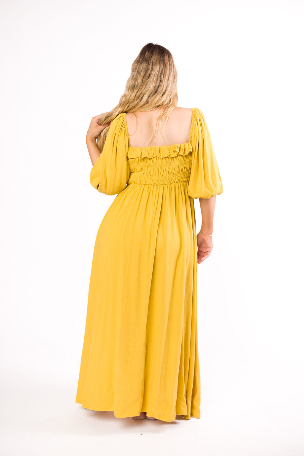 Devon Smocked Maternity Maxi Dress in Mustard Yellow - Bump Friendly Flowy Summer Dress for Pregnancy, Beach & Special Occasions