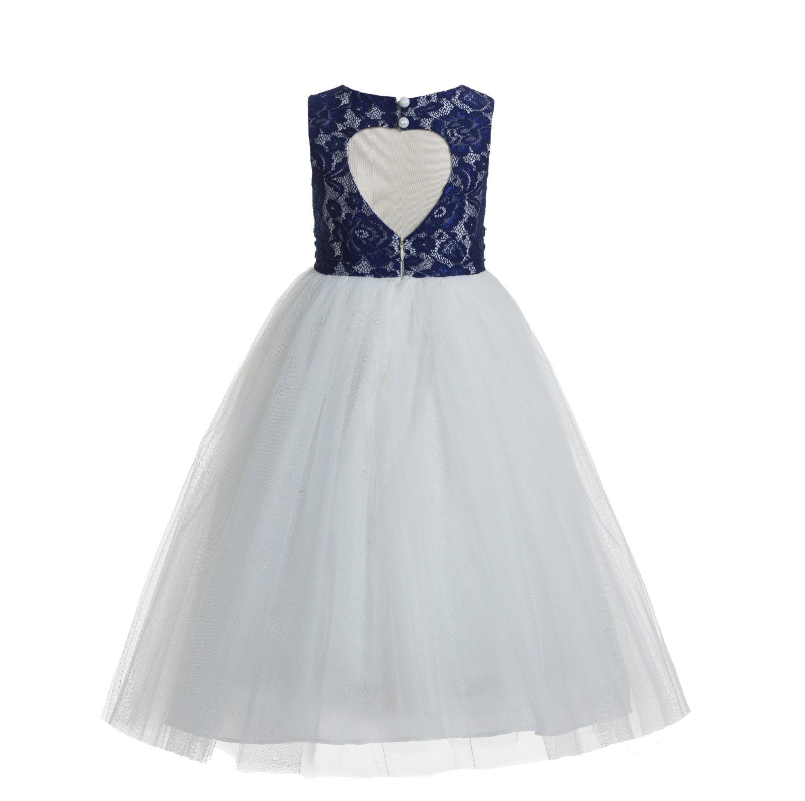 Navy Blue Floral Lace Heart Cutout Flower Girl Dress - Elegant Formal Pageant Gown for Weddings, Baptisms & Special Occasions | Size 172
