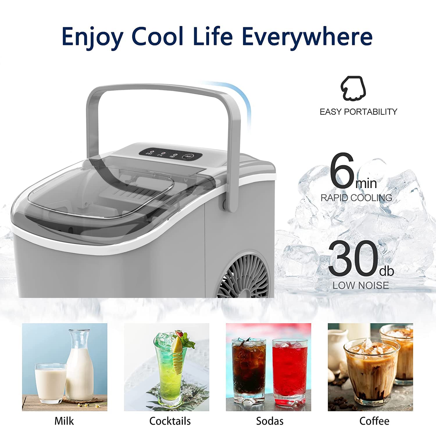 Portable Countertop Ice Maker Machine - 26 lbs Daily, 9 Cubes in 6 Mins, Self-Cleaning with Ice Scoop & Basket (Grey) - Perfect for Home, Office, Parties & Outdoor Use