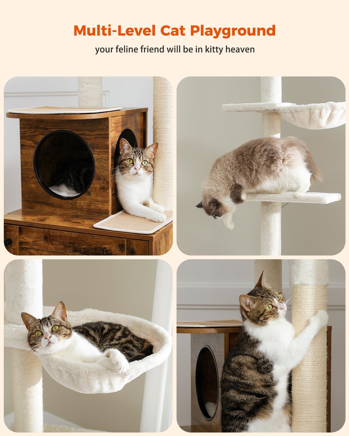 Premium MUTTORS Cat Tree Floor to Ceiling - Adjustable Height 90.6-110.2 Inch Cat Tower with 6 Tiers, Scratching Post & Litter Box Enclosure - Modern Rustic Brown Cat Condo for Indoor Cats - Perfect for Small Spaces & Multi-Cat Homes