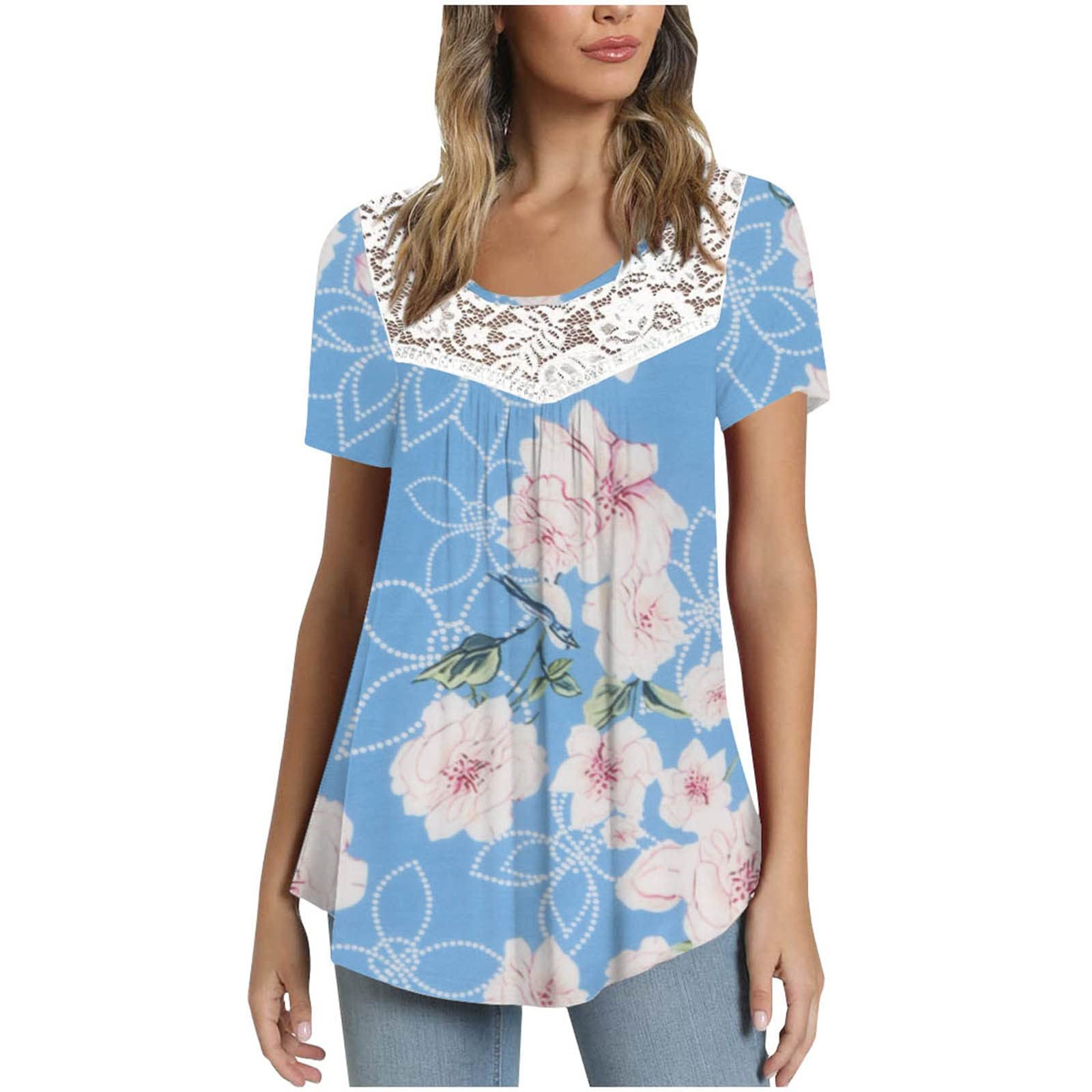 Elegant Lace Crochet Short Sleeve Blouse for Women - Flowy Loose Pleated Summer Top - Business Casual T-Shirt for Office, Dating & Outdoor Activities