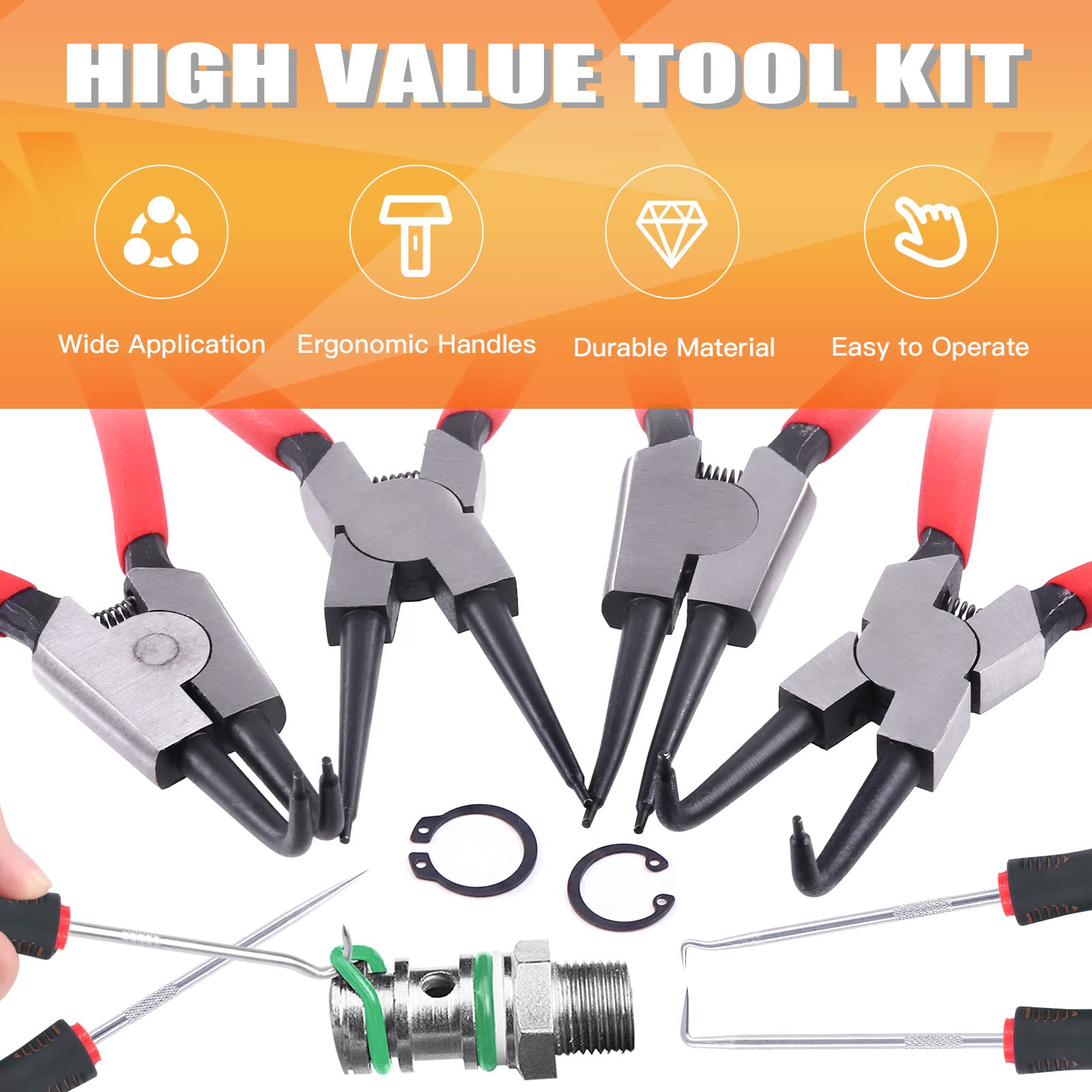 8Pcs Heavy Duty Snap Ring Pliers Set - 9 Inch Internal & External Circlip Pliers with Straight & Bent Jaw for Automotive, Machinery, and DIY Repairs - Perfect for Ring Removal and Retaining Clip Maintenance
