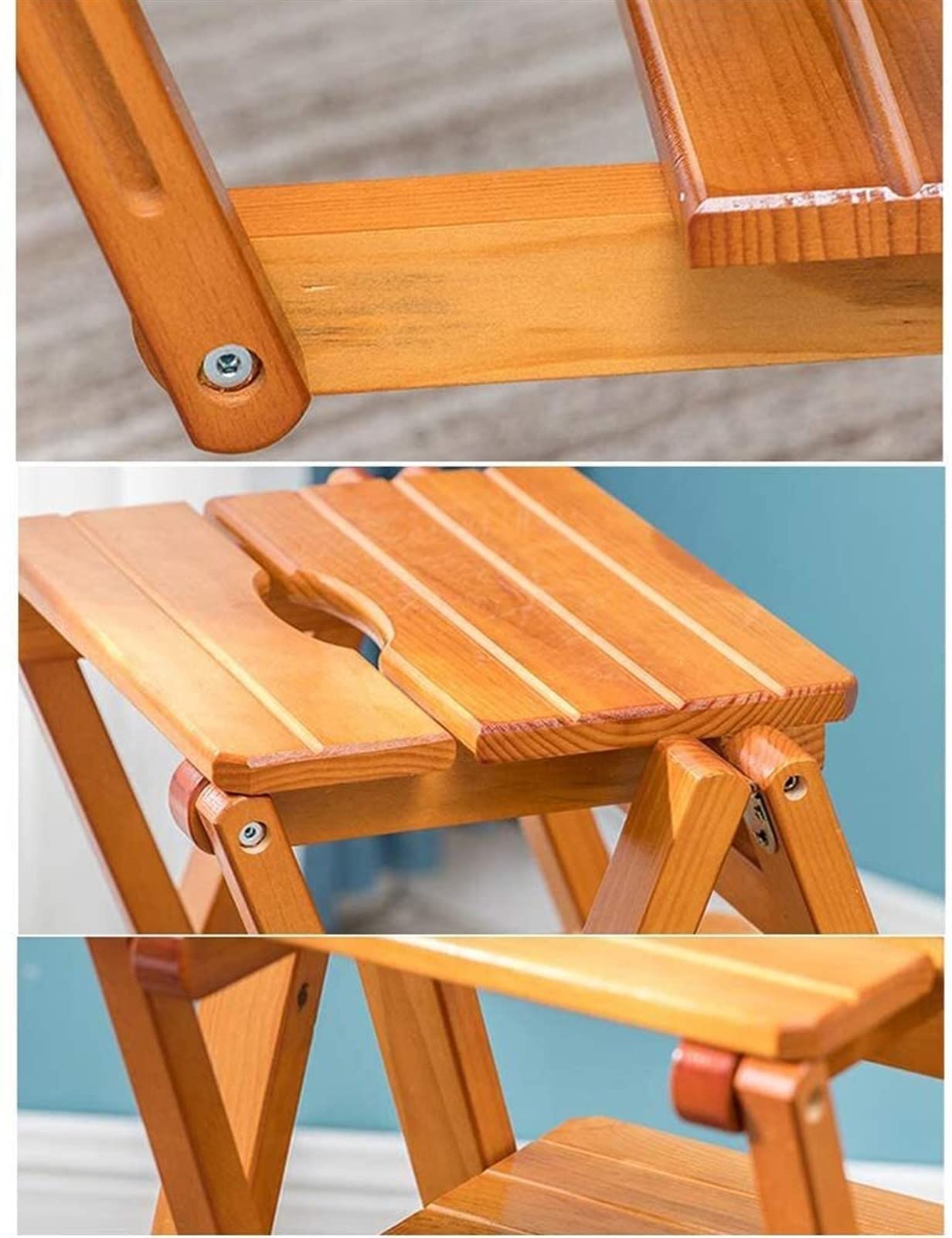 2-in-1 Solid Wood Step Stool & Ladder - Foldable Multifunctional Step Stool Chair for Home, Kitchen, Bathroom & Garage - Sturdy Wooden Stepladder with Non-Slip Feet