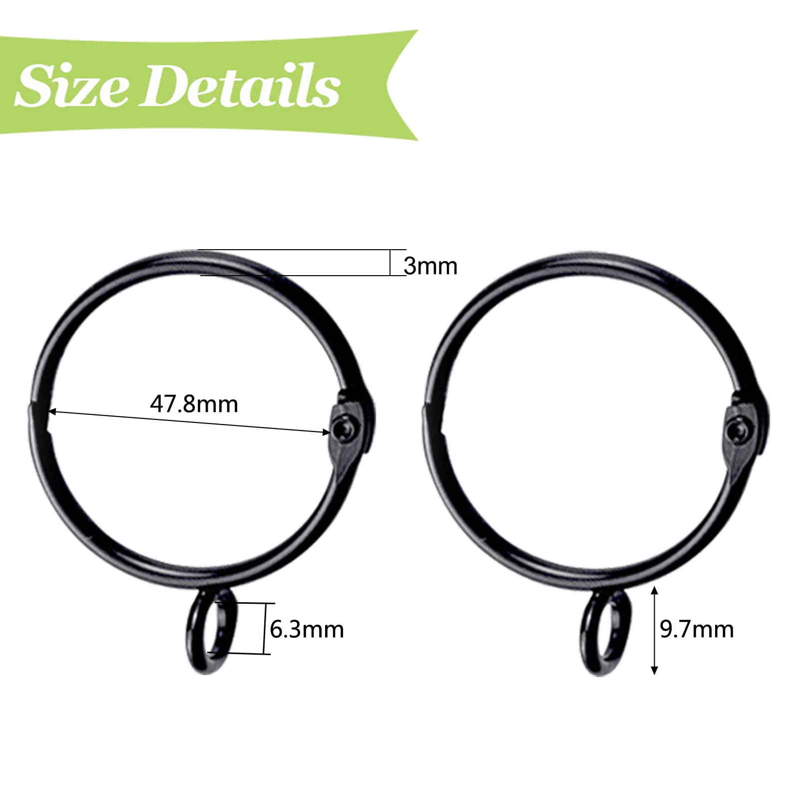 28 Pack Black Metal Curtain Rings with Eyelets - Rustproof Drapery Hooks for Curtains (50mm Inner Diameter) - Easy Open/Close Design for Living Room, Bedroom & Window Decor