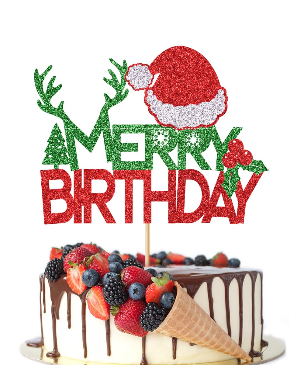 Merry Birthday Cake Topper - Red & Green Glitter Christmas Cake Decorations for Holiday Parties | New Year, Christmas, Winter & Baby Shower Celebration Supplies | Perfect for Christmas Desserts, Birthday Cakes & Festive Gatherings