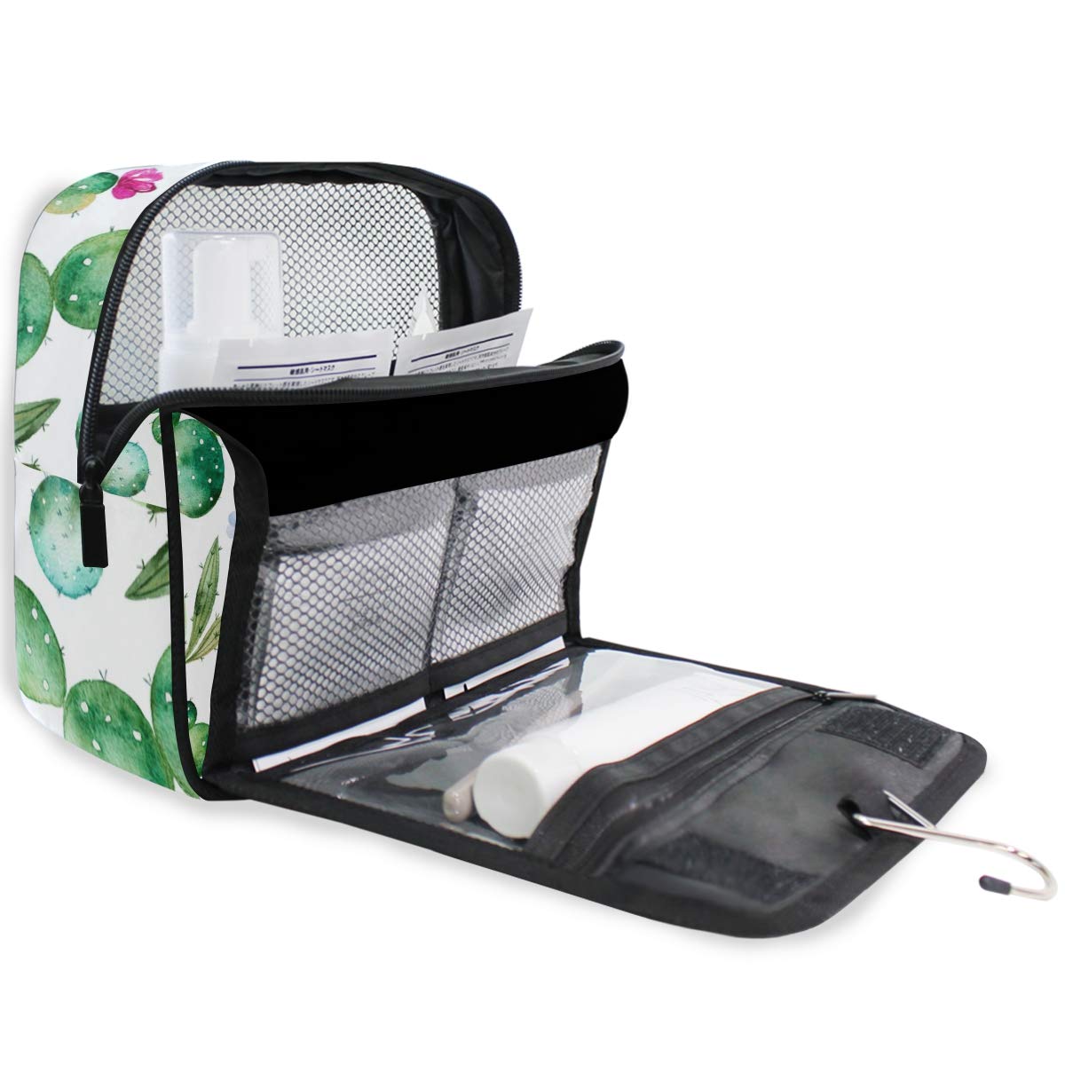 AUUXVA Waterproof Hanging Toiletry Bag - Tropical Cactus Design Travel Cosmetic Organizer for Women & Men | Portable Makeup Case with Hook for Bathroom, Camping & Vacation Essentials