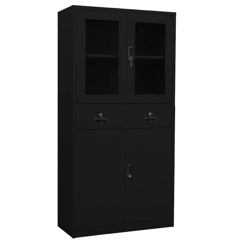 Modern Black Metal Storage Cabinet with Glass Doors - 35.4
