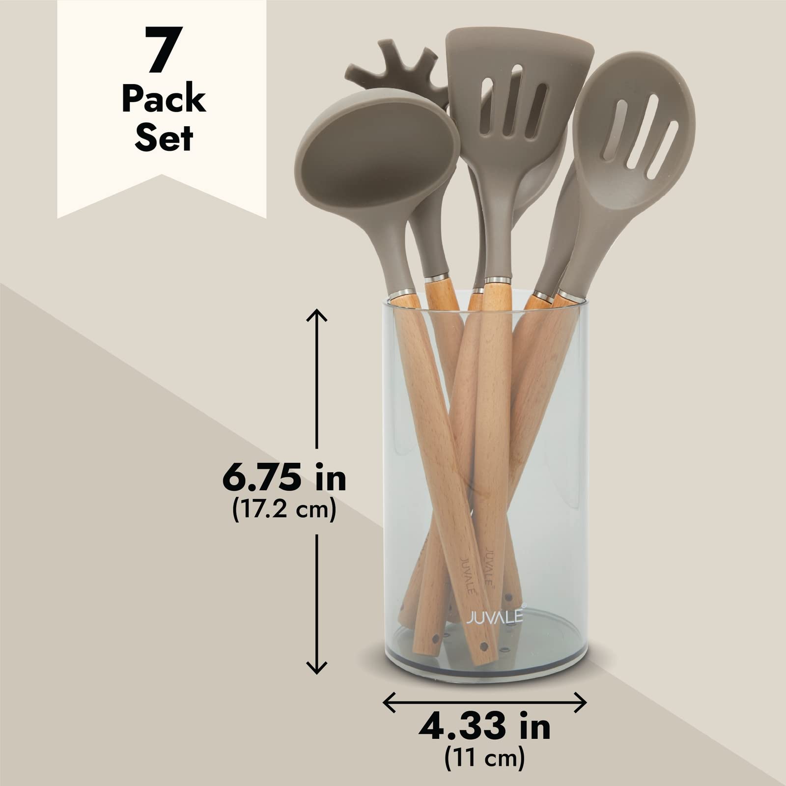 **Juvale 7-Piece Silicone & Bamboo Kitchen Utensil Set with Holder - Non-Stick Cooking Tools (Ladle, Turner, Spoon, Pasta Server, Spatula) - Scratch-Resistant & Eco-Friendly for Baking, Frying & Serving**    *(Ideal for Home Chefs, Restaurants & Healthy Cooking Enthusiasts)*