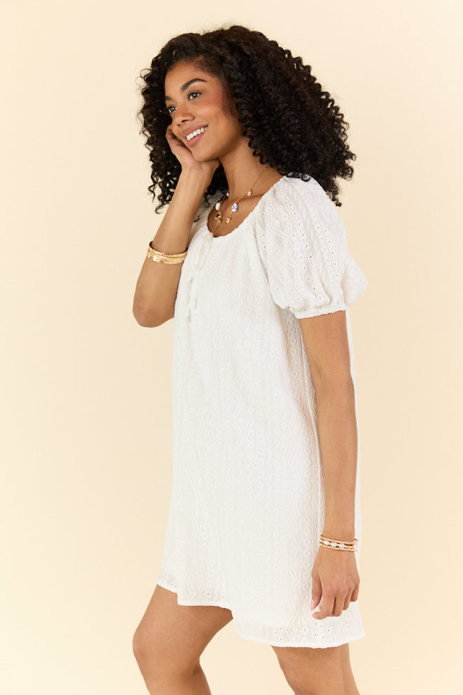 On A Whim White Knit Eyelet Short Sleeve Dress - Women's Summer Boho Casual Dress for Beach, Party & Vacation | Flowy & Comfortable