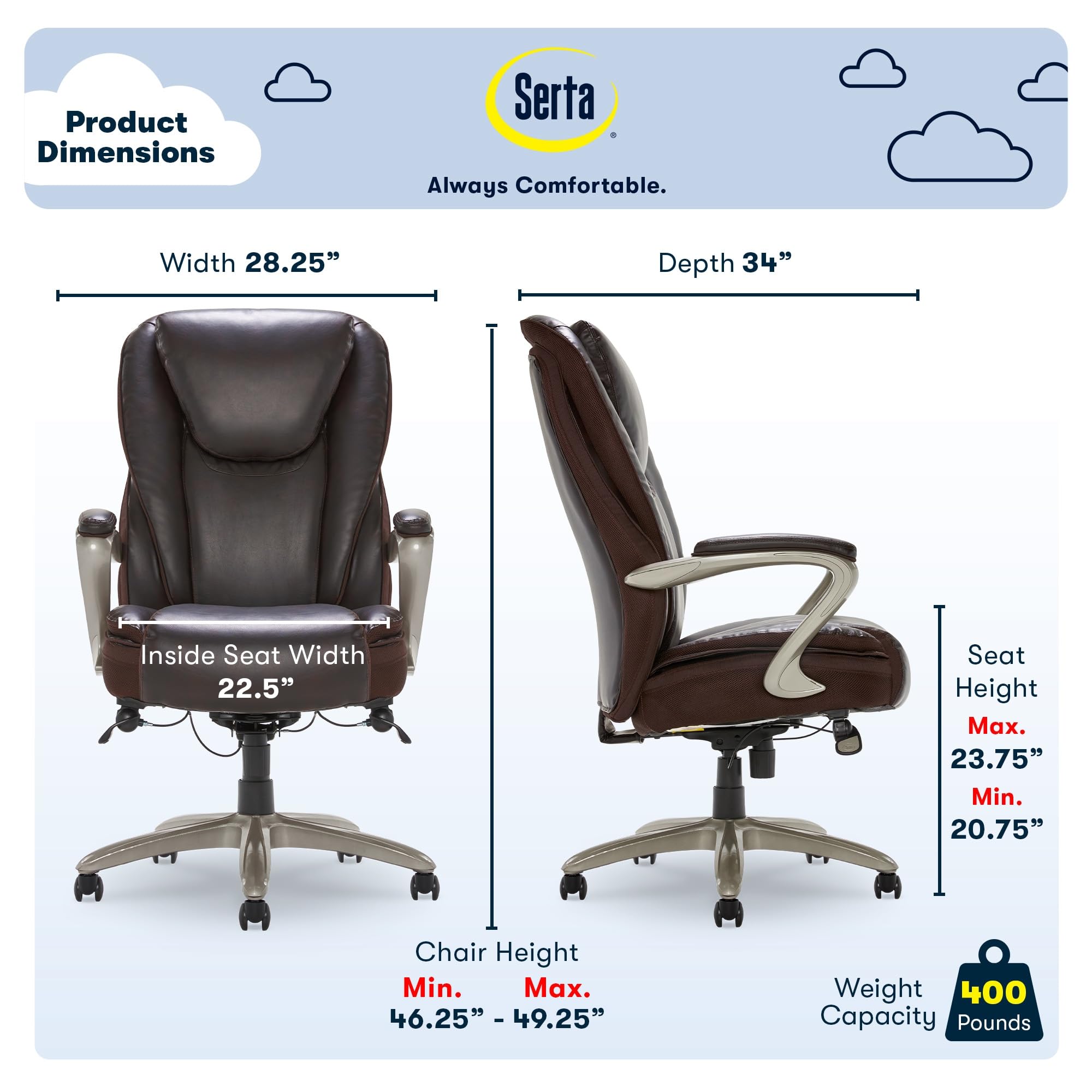 Serta Smart Layers Hensley Big & Tall Ergonomic Bonded Leather High-Back Office Chair - Roasted Chestnut/Satin Nickel - Comfortable Executive Desk Chair for Home & Office Workspaces