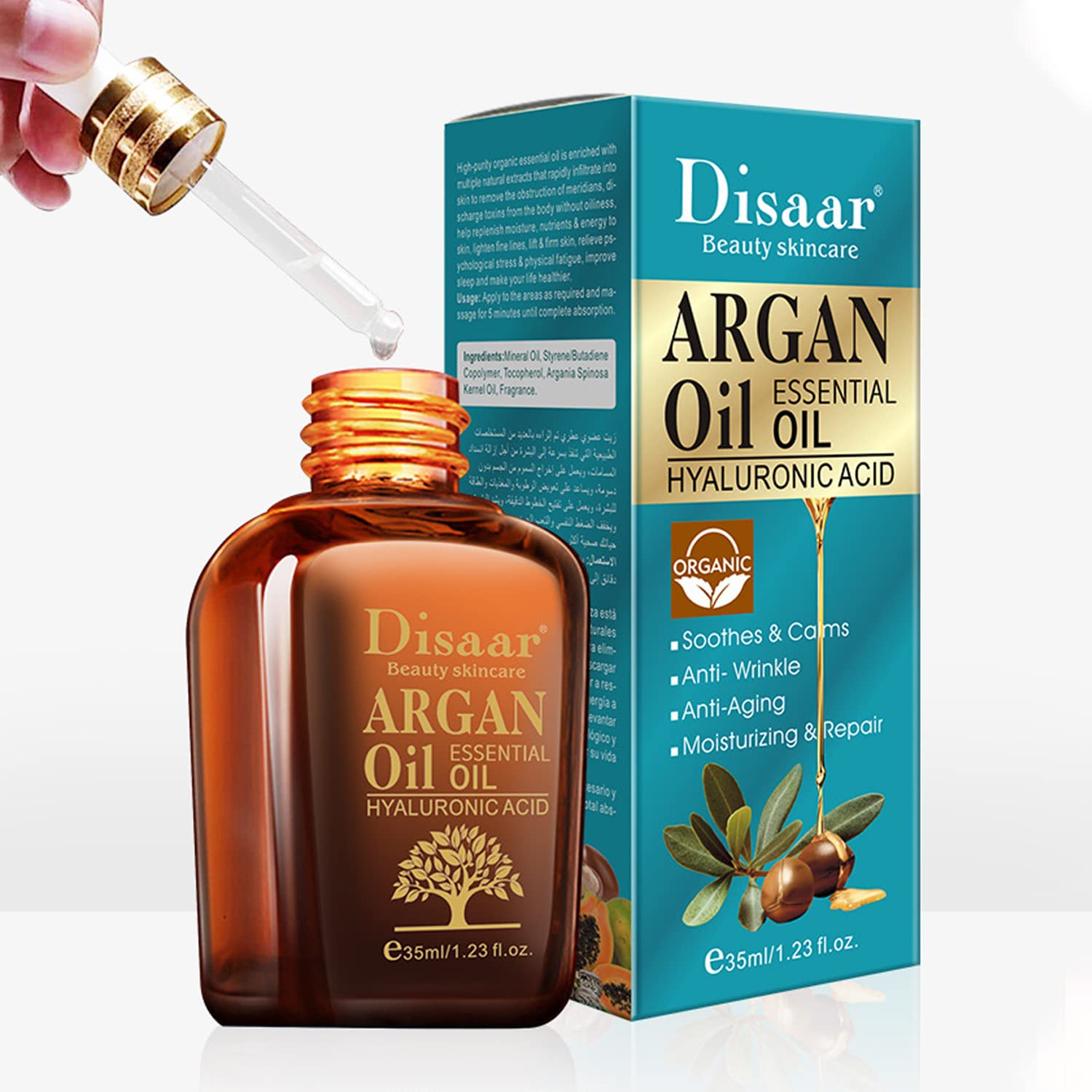 Pure Moroccan Argan Oil with Hyaluronic Acid - Anti-Aging, Anti-Wrinkle, Moisturizing & Repairing Facial Serum (35ml/1.23oz) - For Dry Skin, Night Care & Daily Hydration
