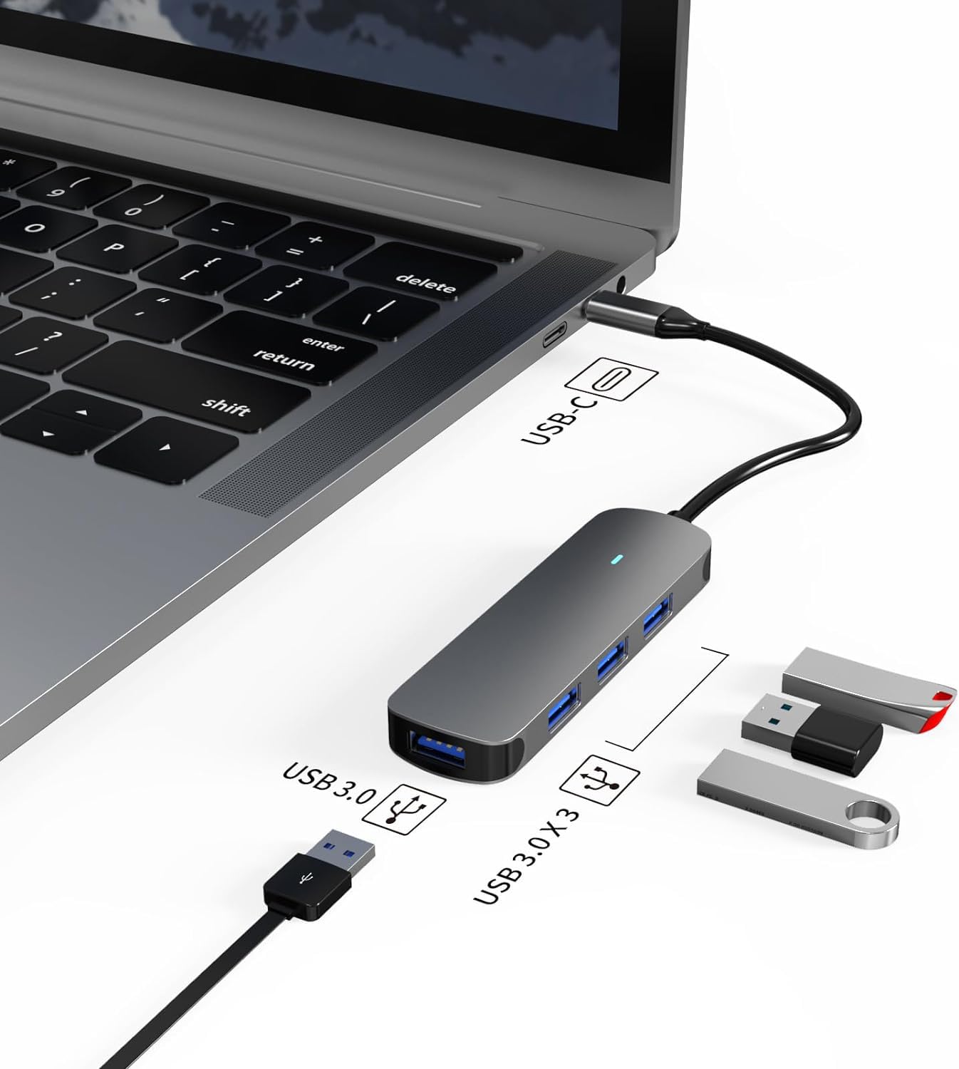 MMOBIEL USB-C to 4-Port USB 3.0 Hub - 5Gbps High-Speed Data Transfer - Aluminum Multi-Port Adapter for MacBook, iPad Pro, Dell, Samsung - Perfect for Office, Travel & Home Workspaces