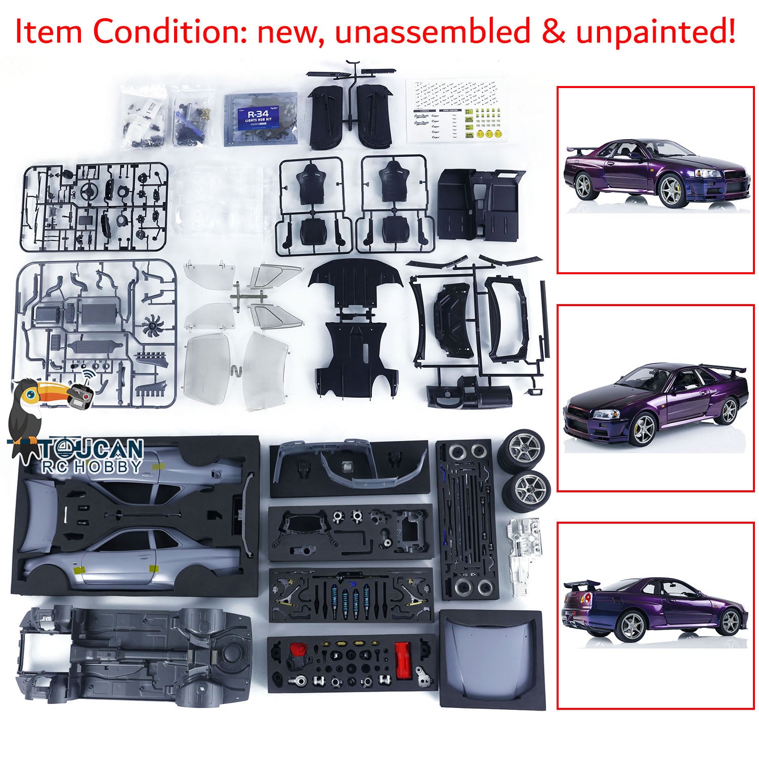 1/8 Scale Unassembled Metallic R34 RC Racing Car Kit - DIY Remote Control Drift Vehicle Parts for Hobbyists & Collectors | Perfect for Drift Racing, RC Car Shows & Model Building Projects