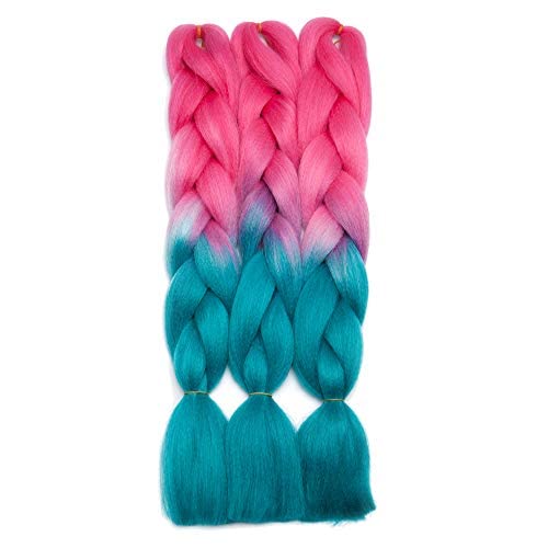 24 Inch Ombre Jumbo Braiding Hair Extensions - 3 Bundles High Temperature Fiber Synthetic Hair for Box Braids & Twist Braids (Dark Pink to Lake Blue Gradient) | Perfect for Protective Styles, Crochet Braiding & Festival Hairstyles