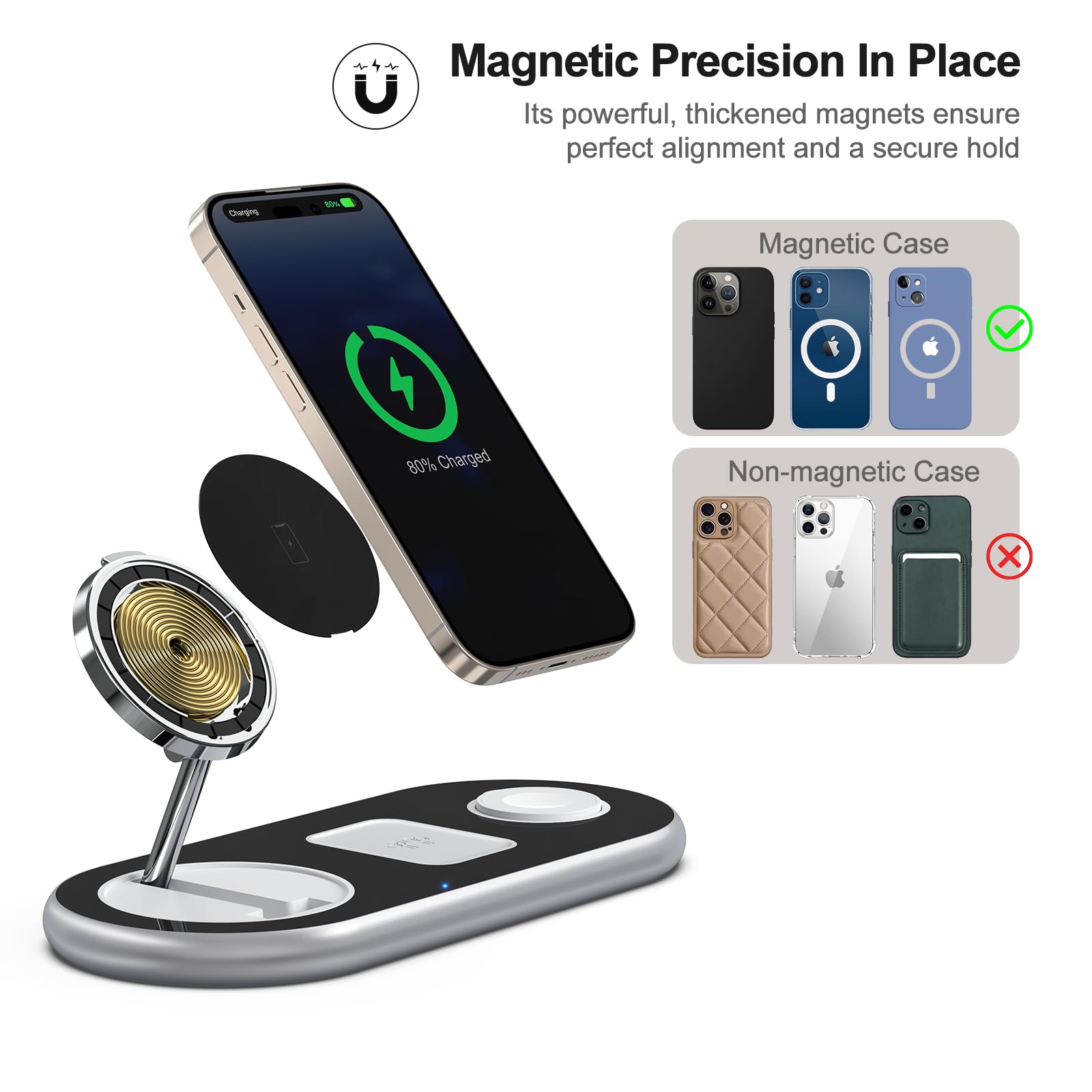 3-in-1 Magnetic Wireless Charging Station for iPhone 16/15/14/13/12 Pro Max Plus, Apple Watch & AirPods - Fast MagSafe Charger Stand with Adjustable Angle | Perfect for Home, Office & Nightstand Charging